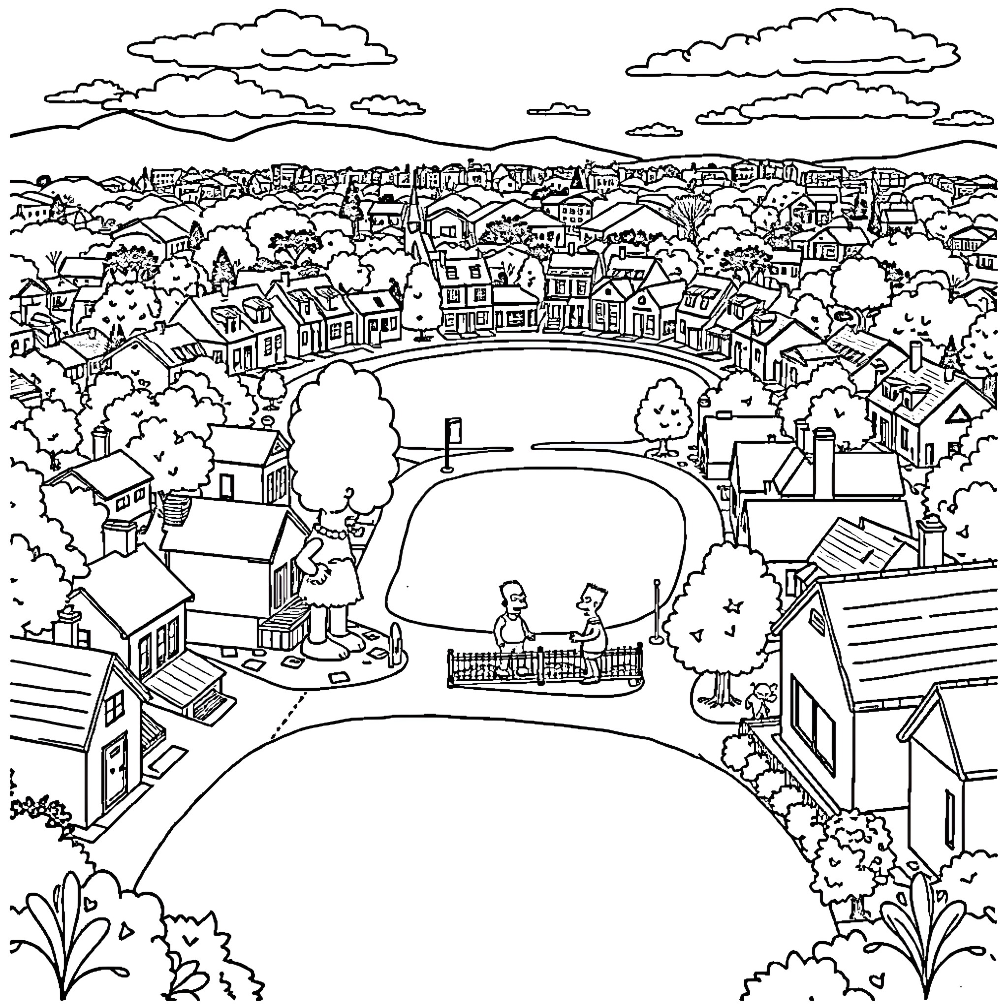 Simpsons Town in a Cozy Landscape Coloring Page (free black-and-white line drawing printable PDF for all, from beginners to advanced learners, including children, teens, adults, and seniors)