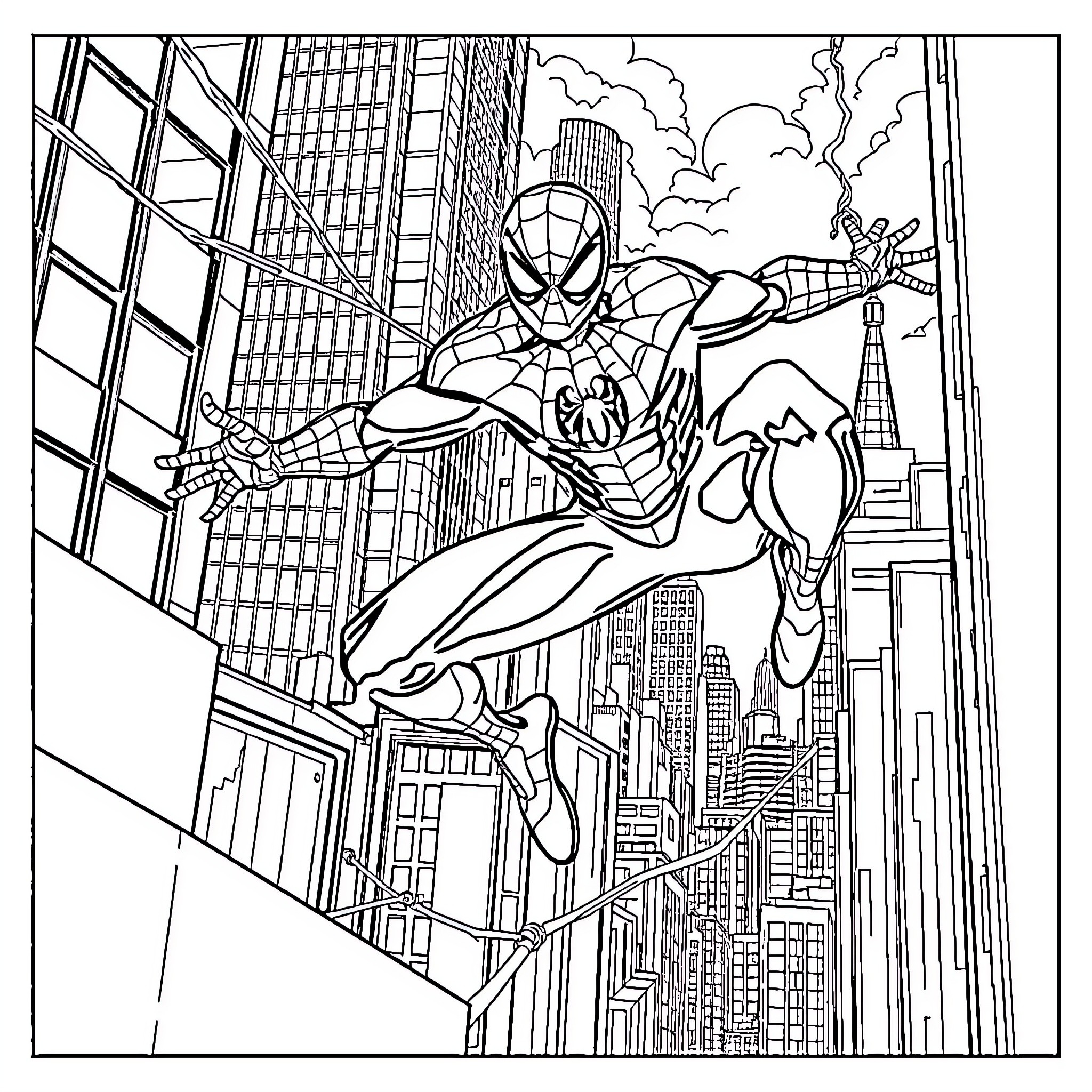 Spiderman swinging through the city skyline Coloring Page (free black-and-white line drawing printable PDF for all, from beginners to advanced learners, including children, teens, adults, and seniors)
