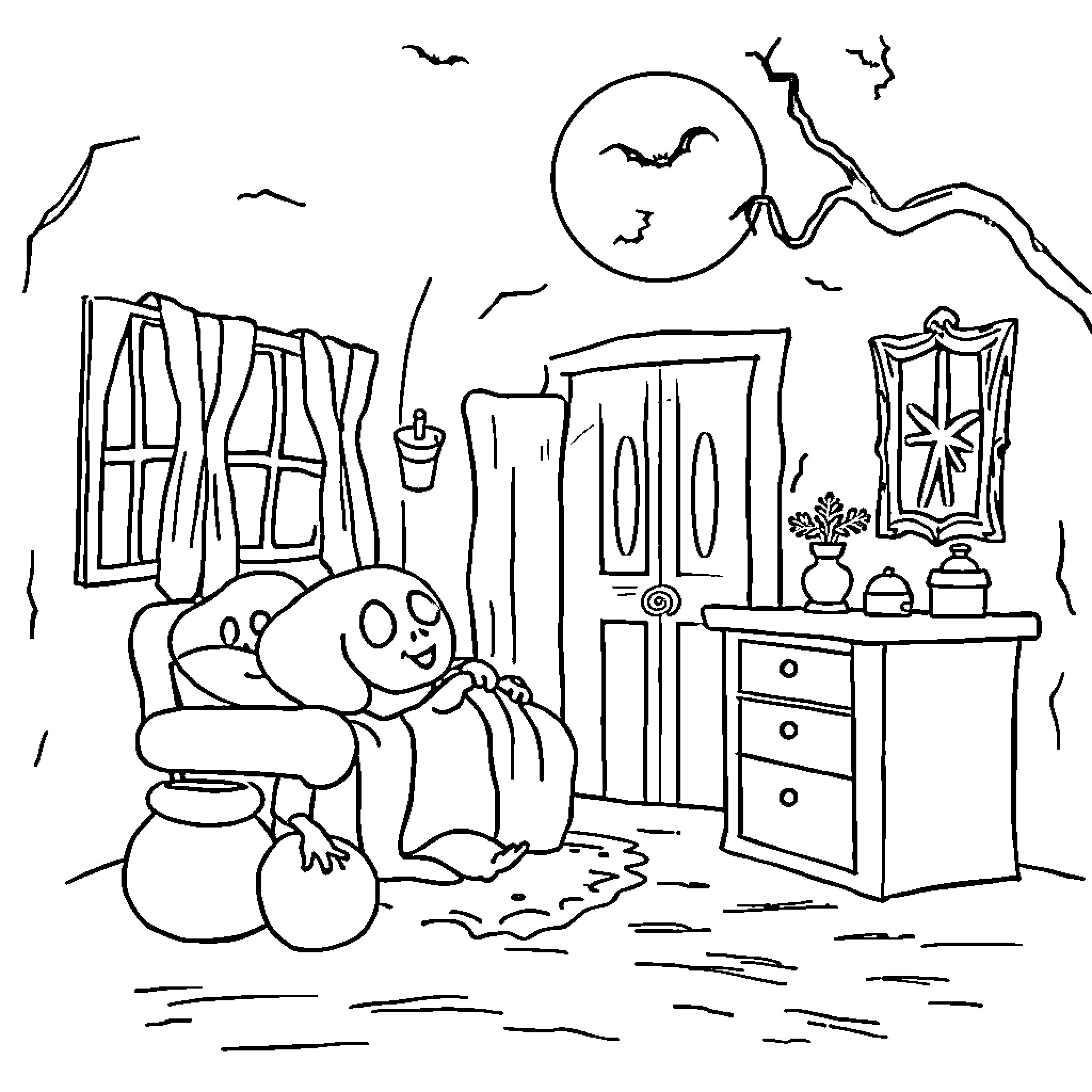 Baby monster relaxing in cozy bedroom Coloring Page (free black-and-white line drawing printable PDF for all, from beginners to advanced learners, including children, teens, adults, and seniors)