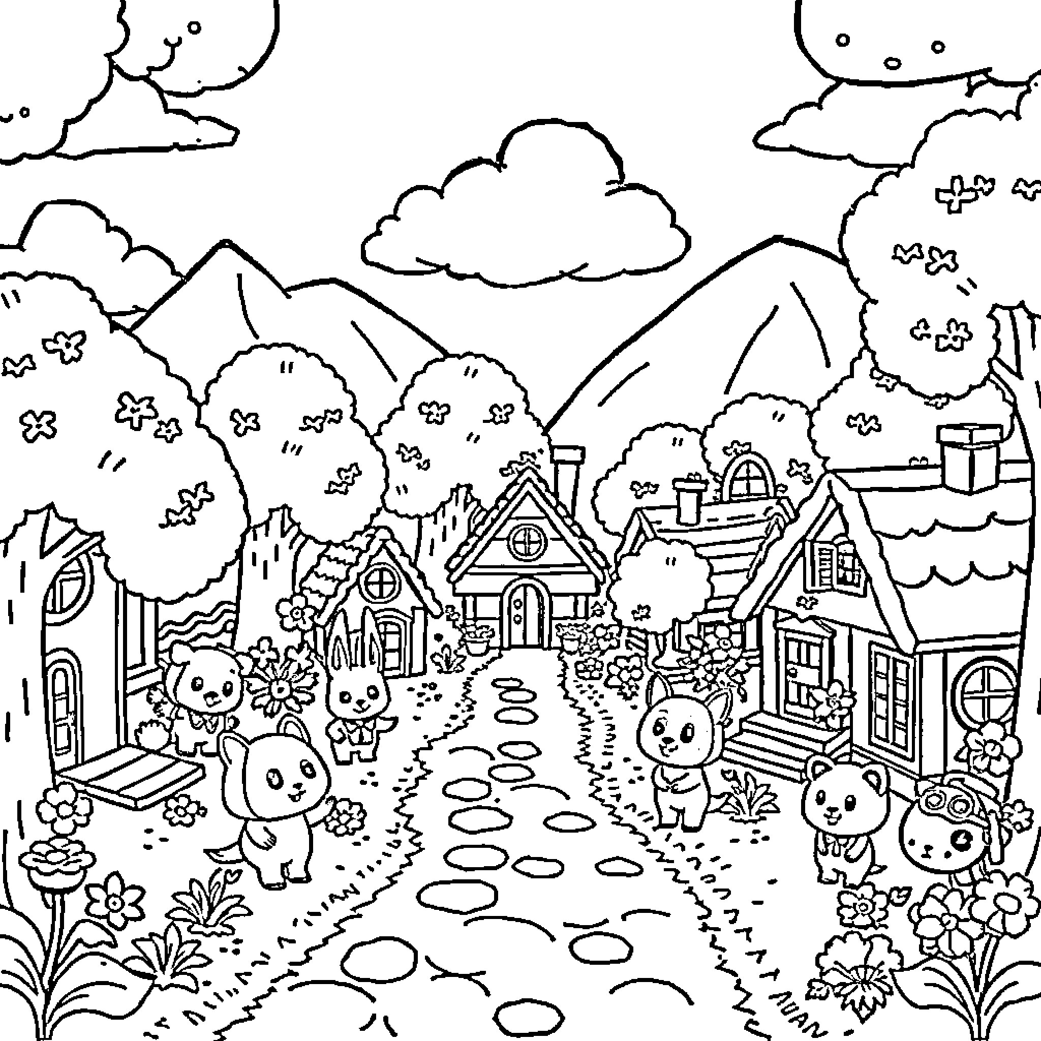 Animal Crossing: Peaceful village with adorable animal characters Coloring Page (free black-and-white line drawing printable PDF for all, from beginners to advanced learners, including children, teens, adults, and seniors)