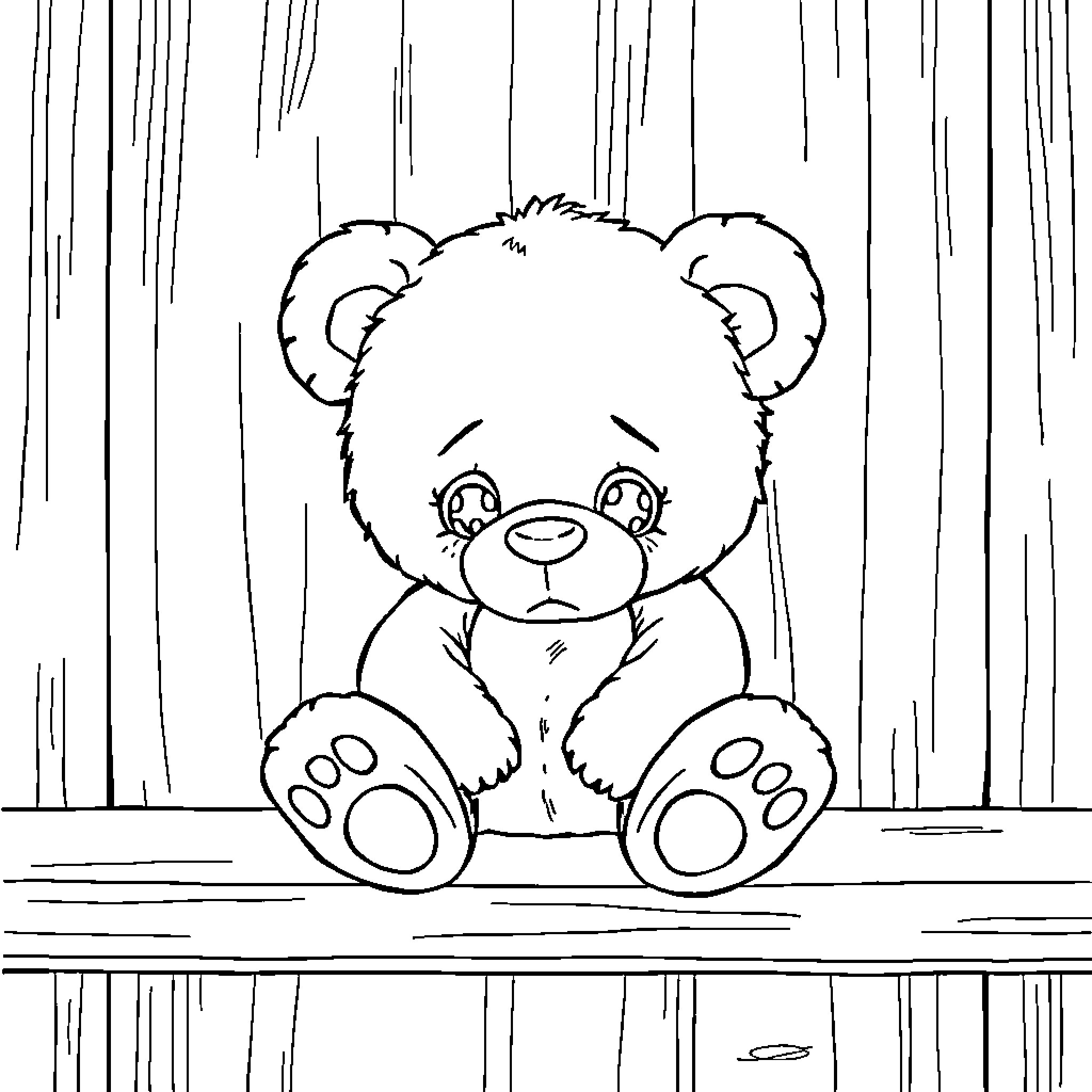 Teddy Bear Sitting Sadly on Wooden Floor Coloring Page (free black-and-white line drawing printable PDF for all, from beginners to advanced learners, including children, teens, adults, and seniors)