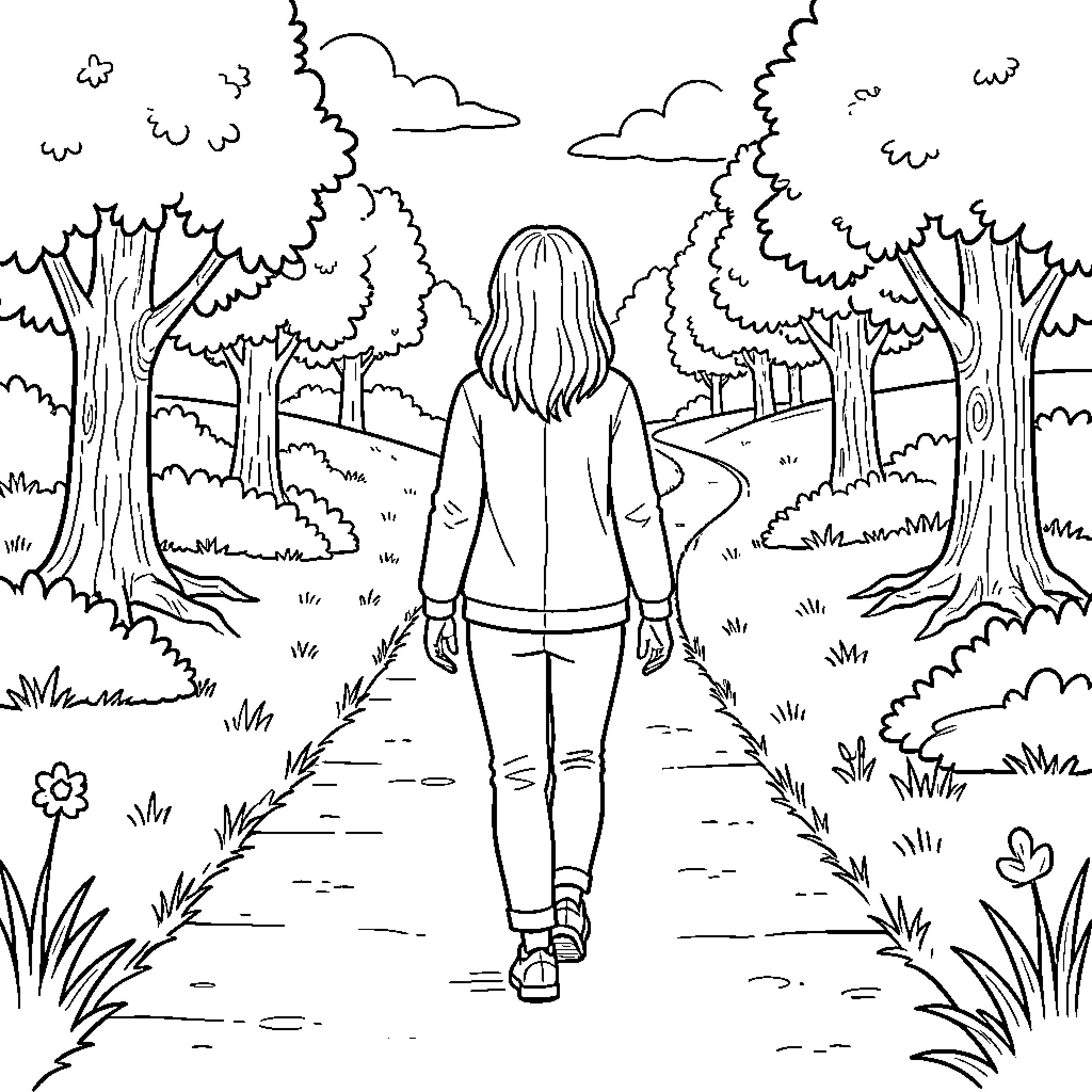 Forer person walking down a path through trees Coloring Page (free black-and-white line drawing printable PDF for all, from beginners to advanced learners, including children, teens, adults, and seniors)