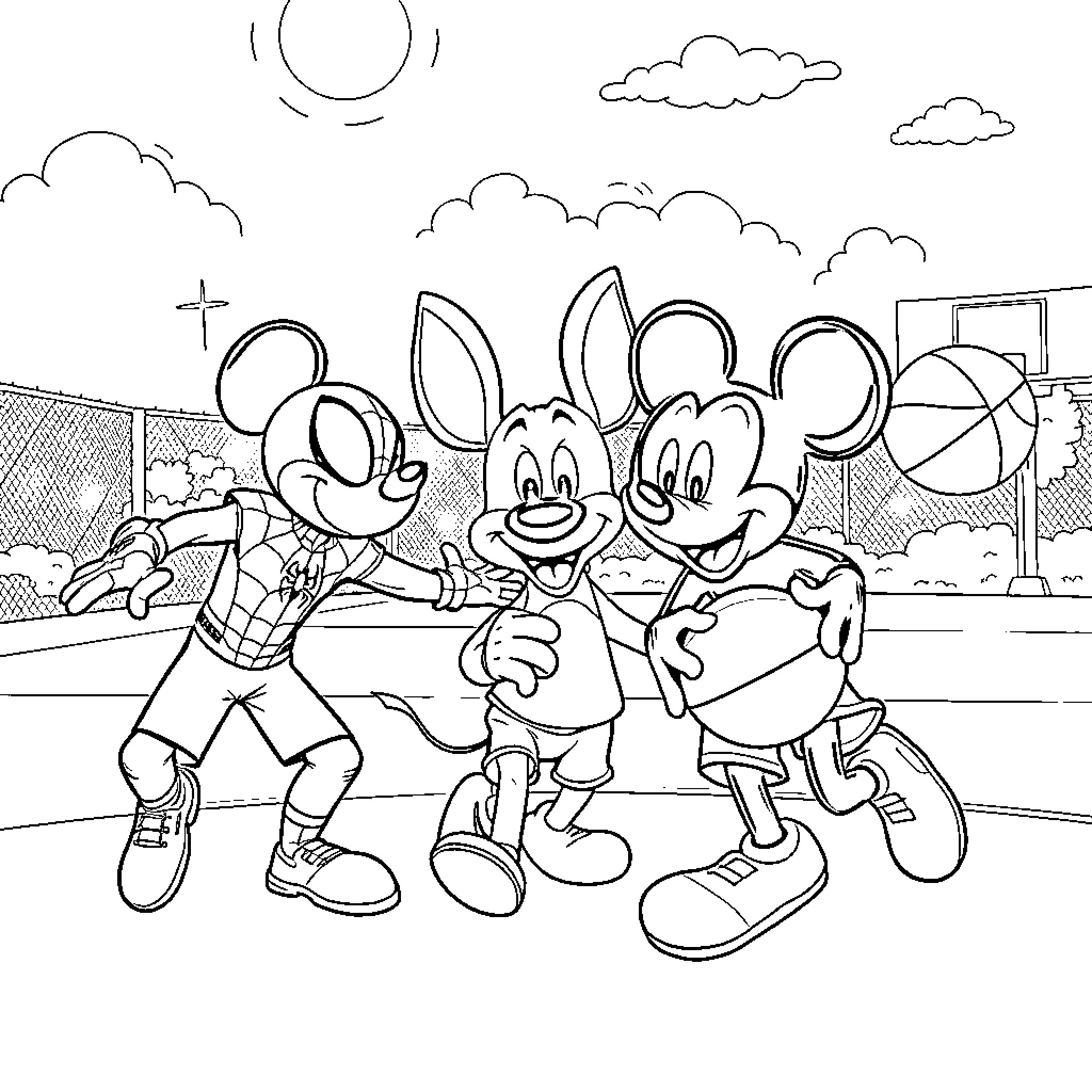 Spider-Man and Mickey Mouse friends playing together Coloring Page (free black-and-white line drawing printable PDF for all, from beginners to advanced learners, including children, teens, adults, and seniors)