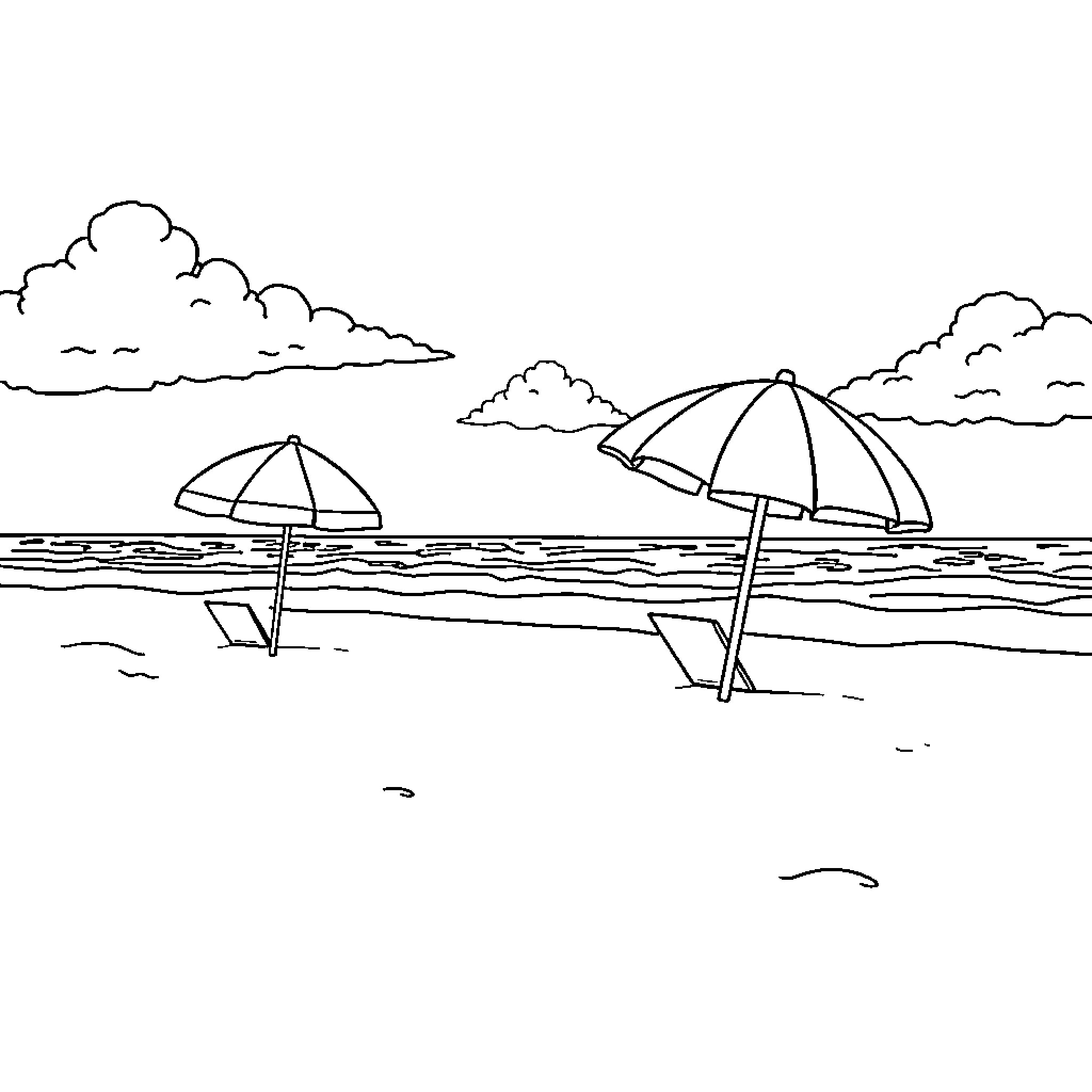 Beach umbrellas and waves in tranquil scenery Coloring Page (free black-and-white line drawing printable PDF for all, from beginners to advanced learners, including children, teens, adults, and seniors)
