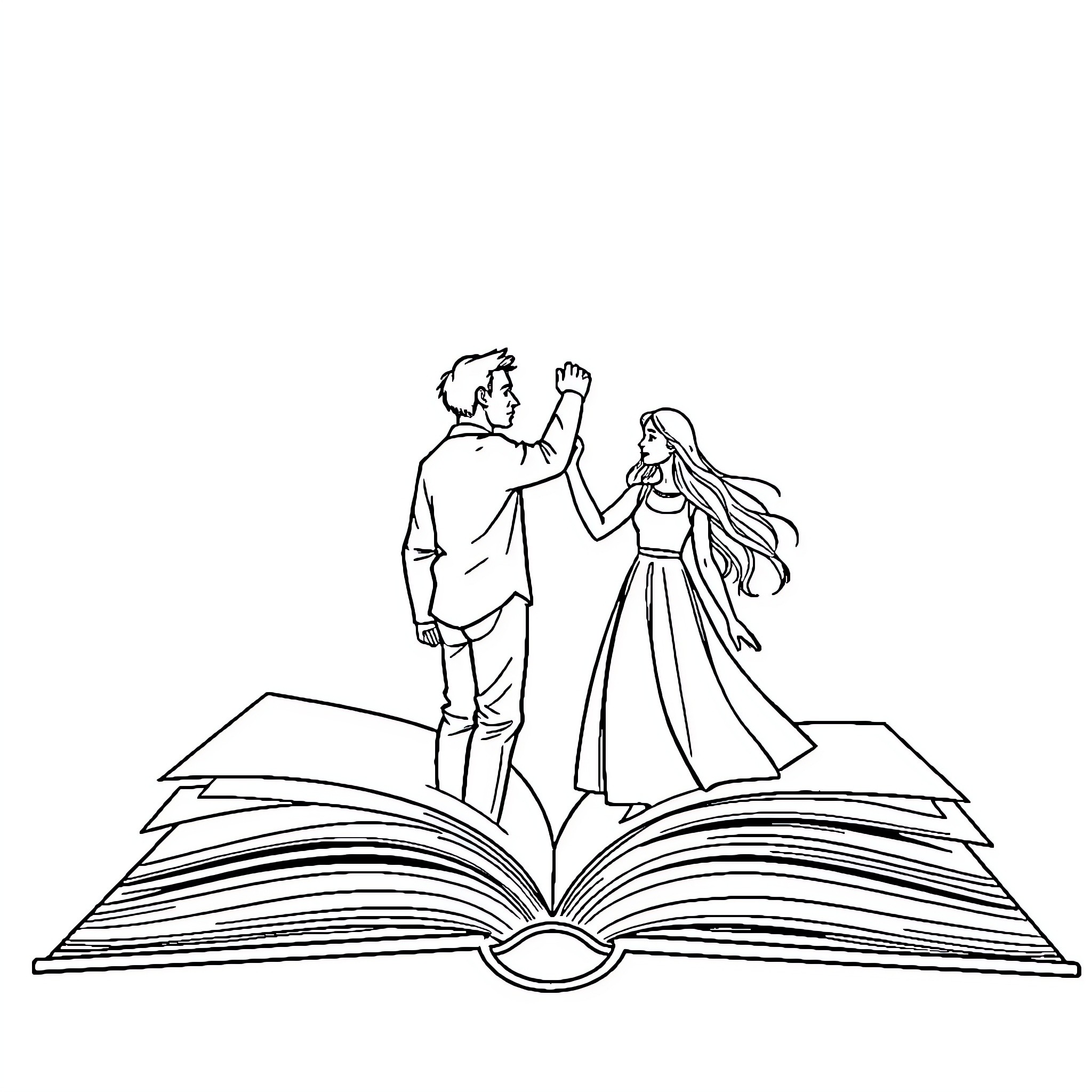 Man and woman dancing on open book Coloring Page (free black-and-white line drawing printable PDF for all, from beginners to advanced learners, including children, teens, adults, and seniors)