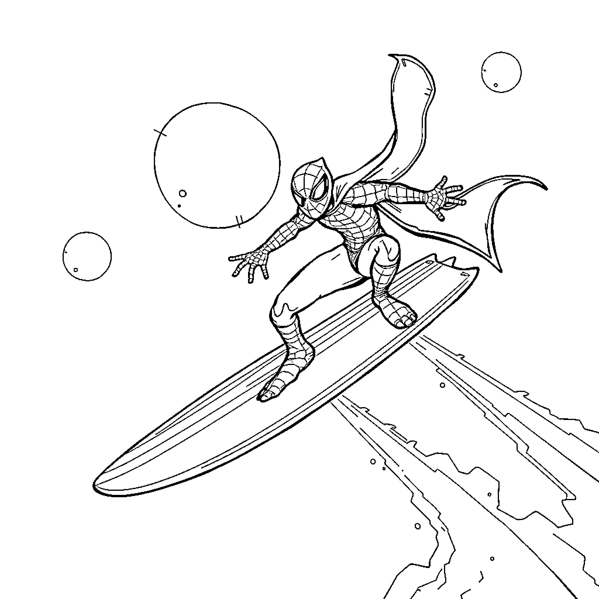Goblin Surfer Riding Waves in the Sky Coloring Page (free black-and-white line drawing printable PDF for all, from beginners to advanced learners, including children, teens, adults, and seniors)