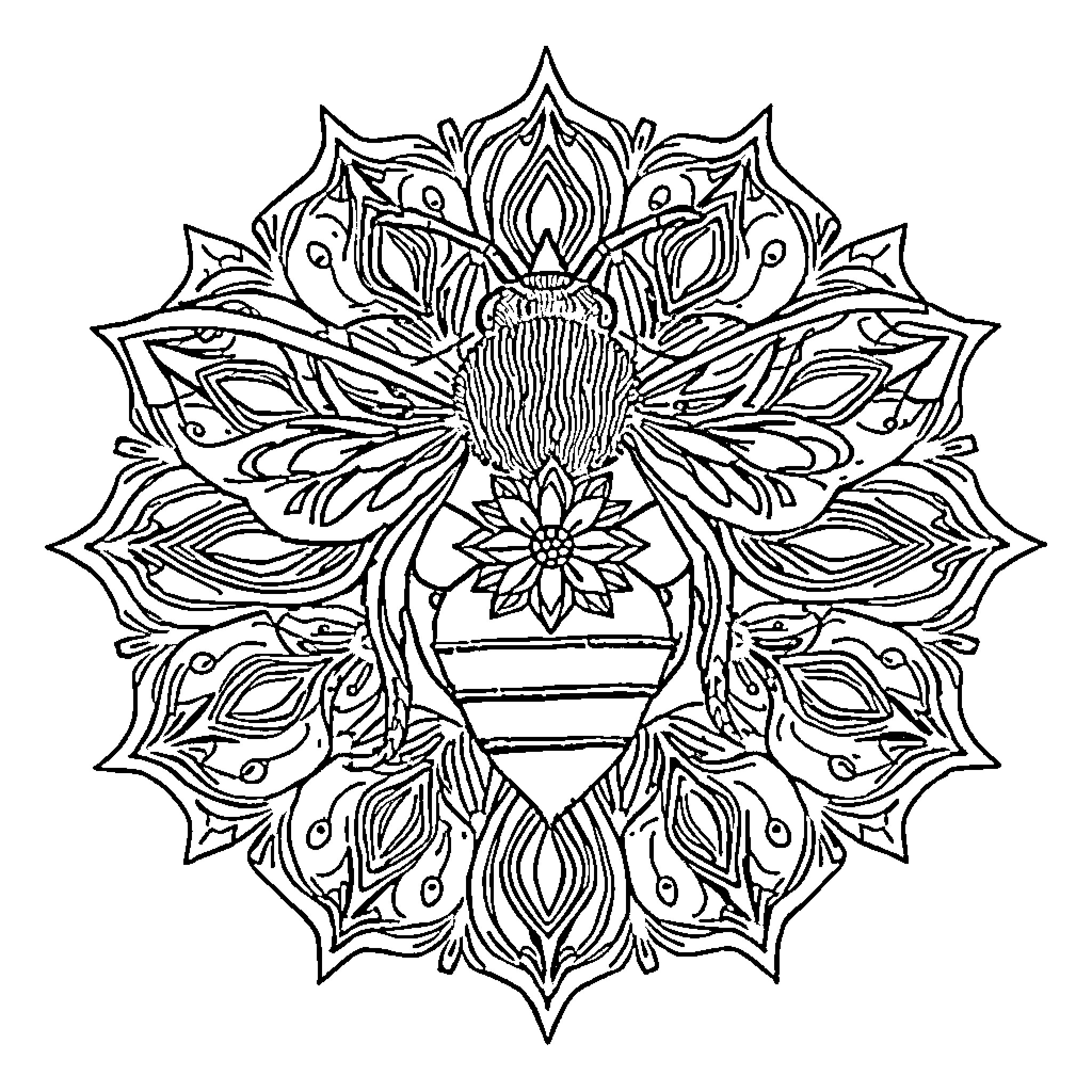 Bee in ornate floral mandala design Coloring Page (free black-and-white line drawing printable PDF for all, from beginners to advanced learners, including children, teens, adults, and seniors)