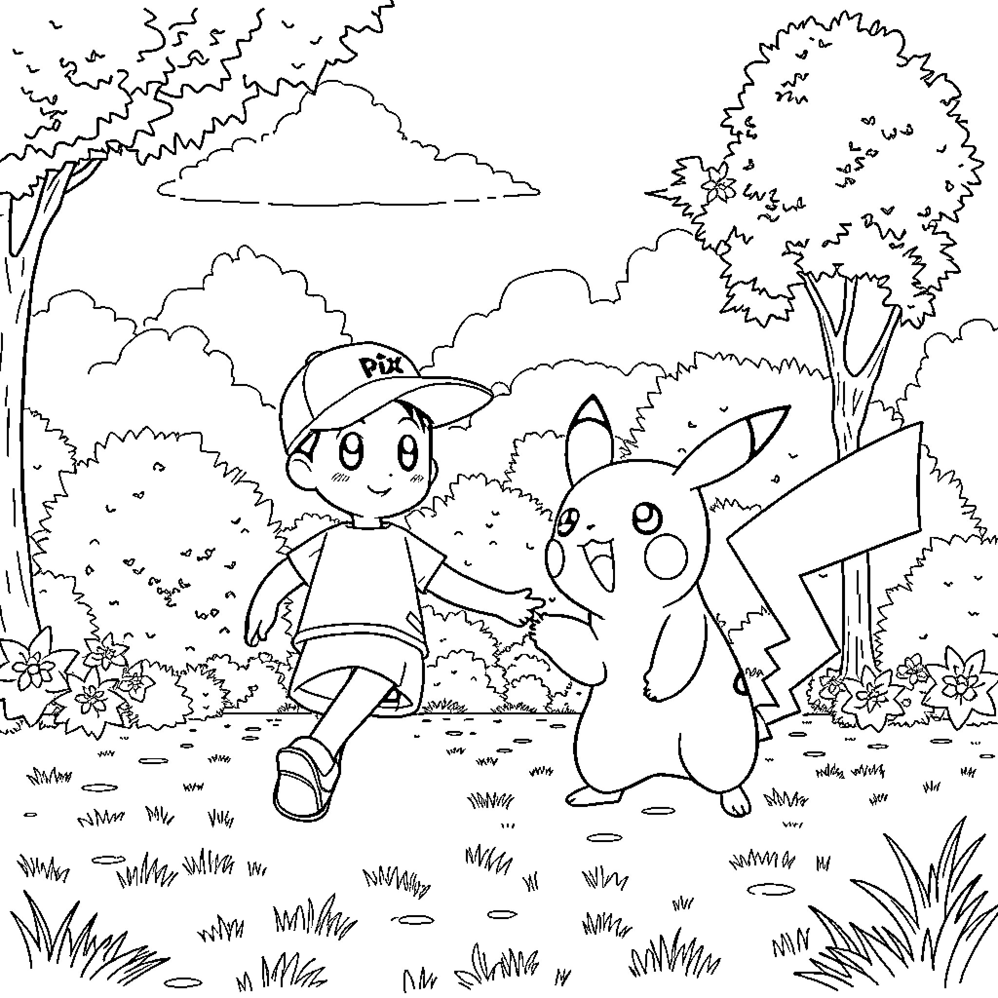 Ash Ketchum's Adventure with Pokémon in the Forest Coloring Page (free black-and-white line drawing printable PDF for all, from beginners to advanced learners, including children, teens, adults, and seniors)