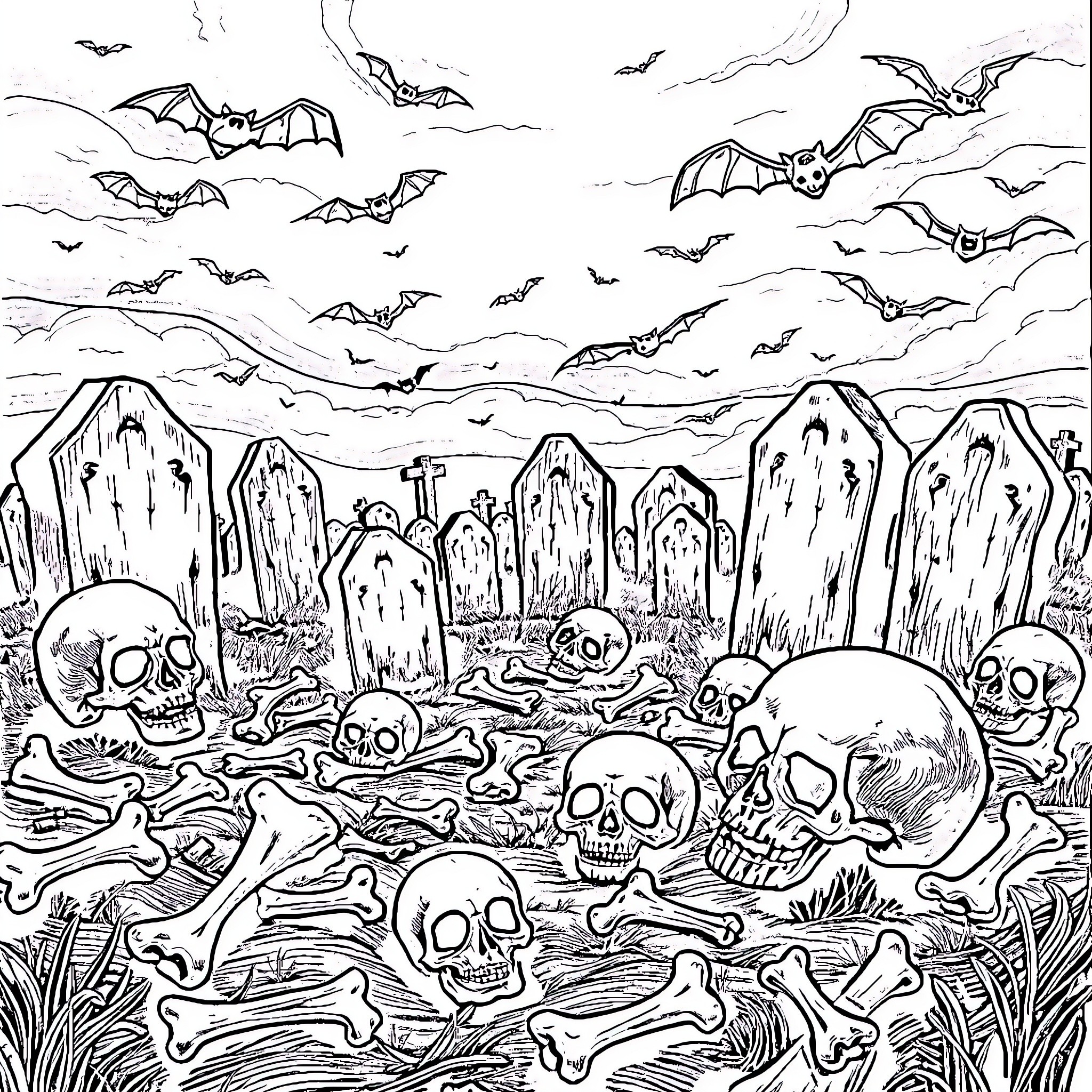 Bone-chilling Graveyard: Haunting Skeletal Scenery Coloring Page (free black-and-white line drawing printable PDF for all, from beginners to advanced learners, including children, teens, adults, and seniors)