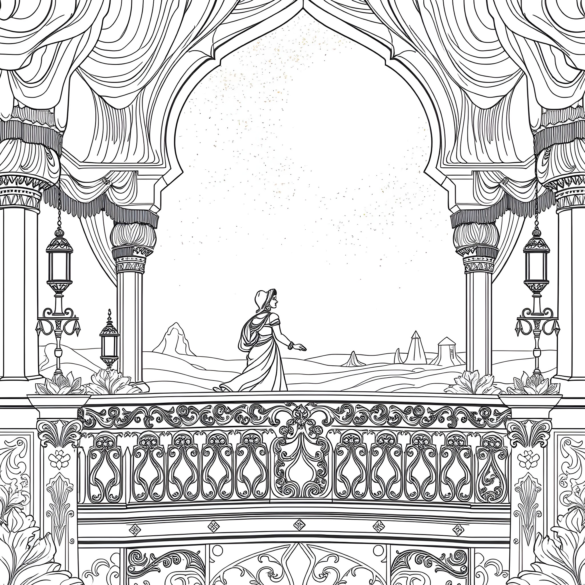 Jasmine's magical journey through an enchanted gateway Coloring Page (free black-and-white line drawing printable PDF for all, from beginners to advanced learners, including children, teens, adults, and seniors)
