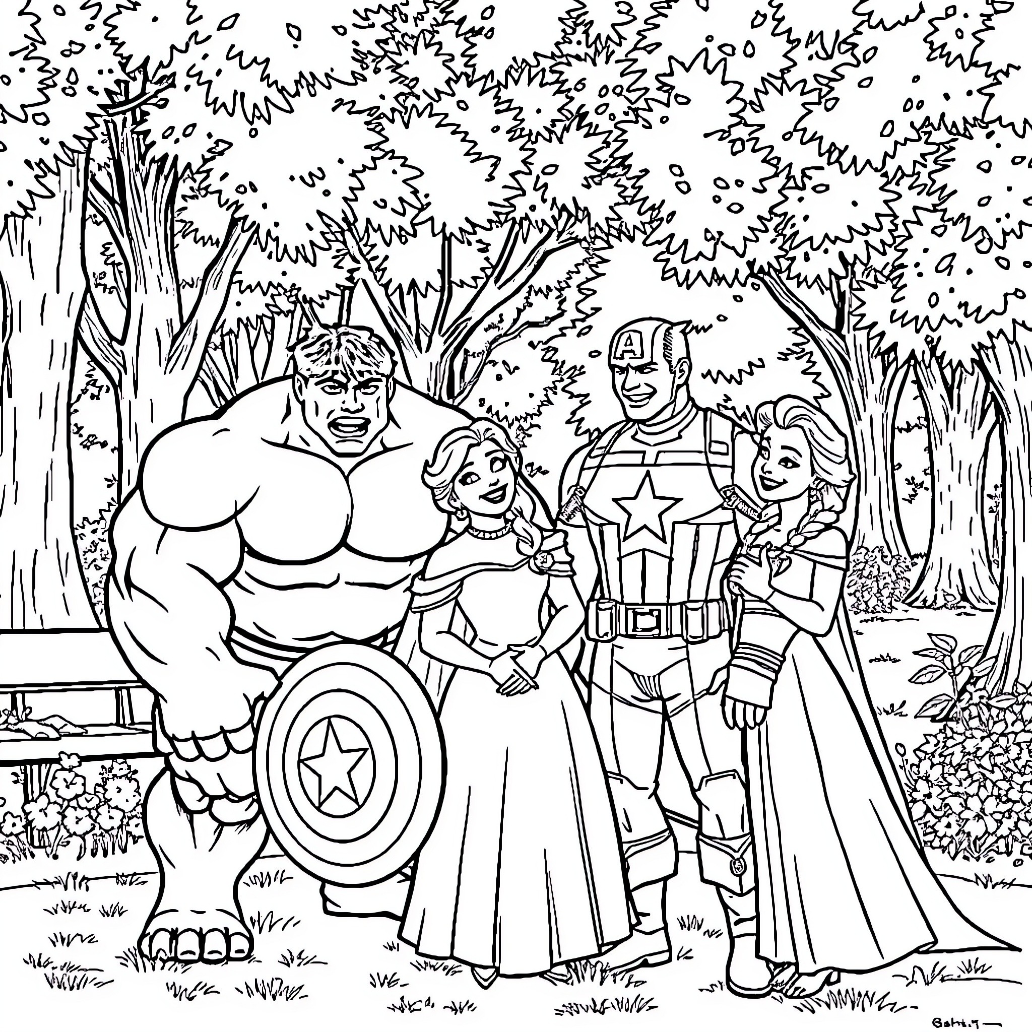 Friend superheroes exploring the enchanting forest Coloring Page (free black-and-white line drawing printable PDF for all, from beginners to advanced learners, including children, teens, adults, and seniors)