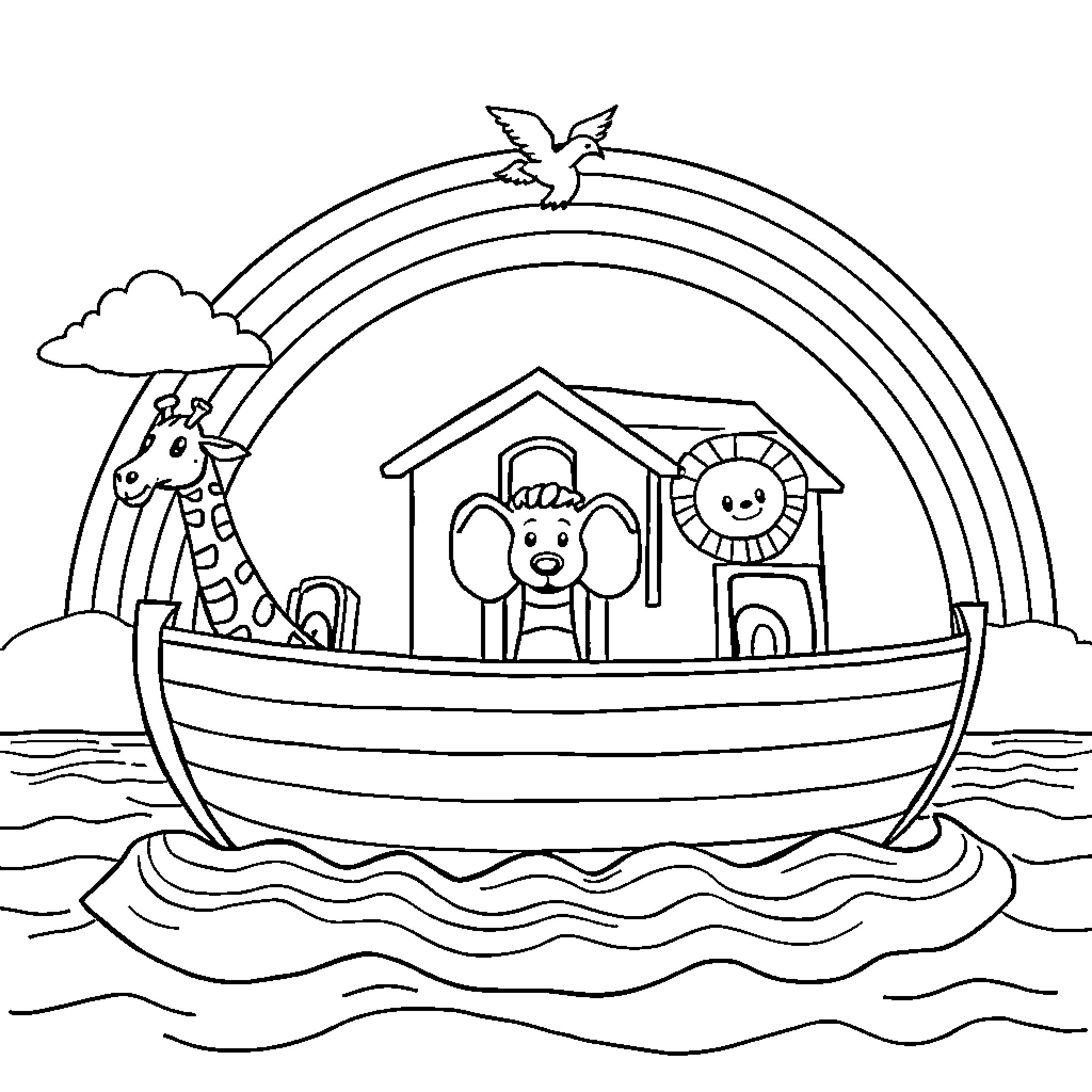 Noah's Ark with Animals in Boat on the Ocean Coloring Page (free black-and-white line drawing printable PDF for all, from beginners to advanced learners, including children, teens, adults, and seniors)
