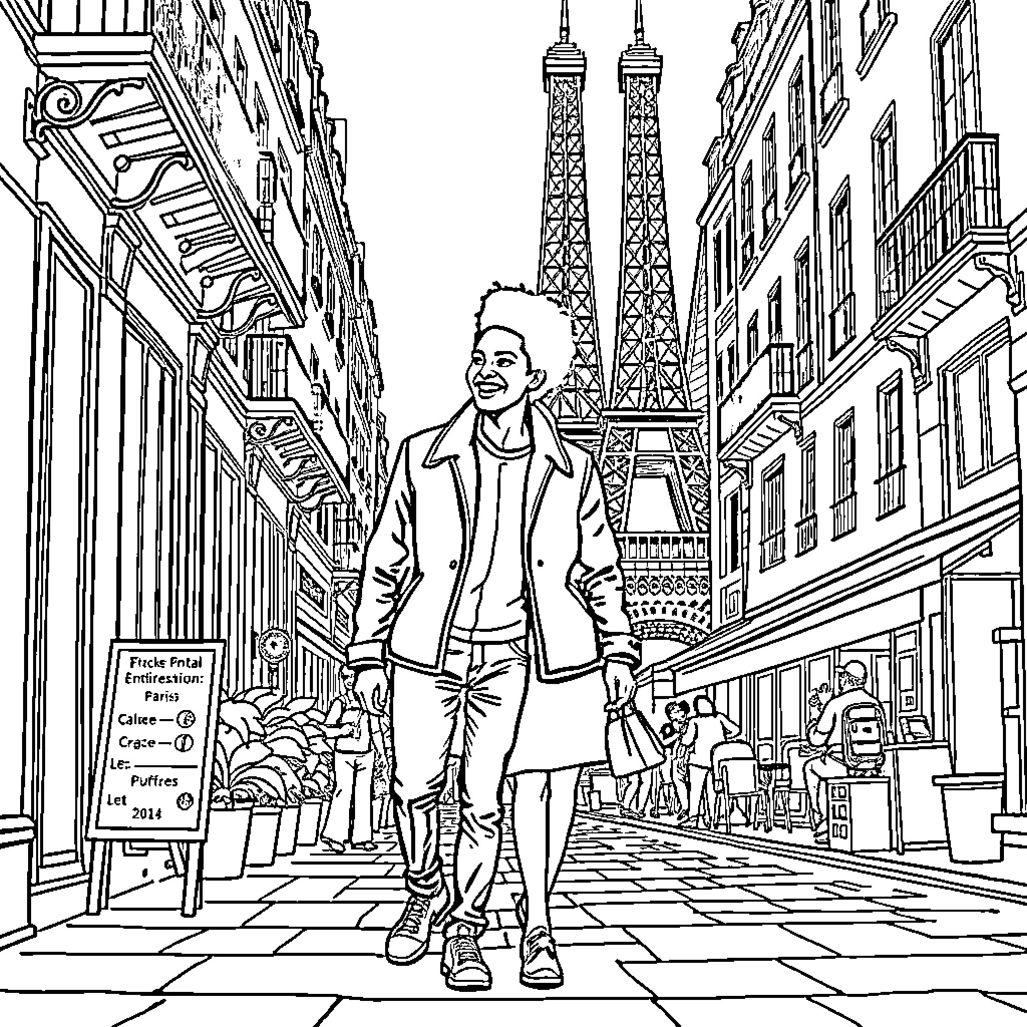 Couple strolling through Parisian street with Eiffel Tower Coloring Page (free black-and-white line drawing printable PDF for all, from beginners to advanced learners, including children, teens, adults, and seniors)