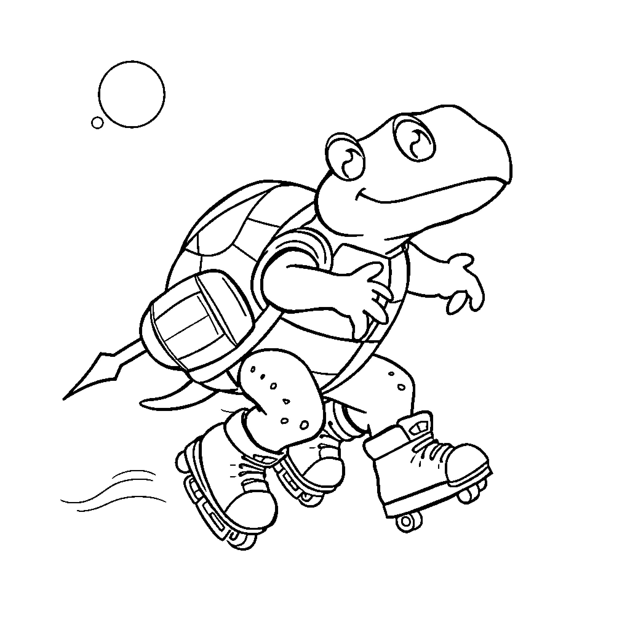 Turtle Roller Skating Playfully Coloring Page (free black-and-white line drawing printable PDF for all, from beginners to advanced learners, including children, teens, adults, and seniors)