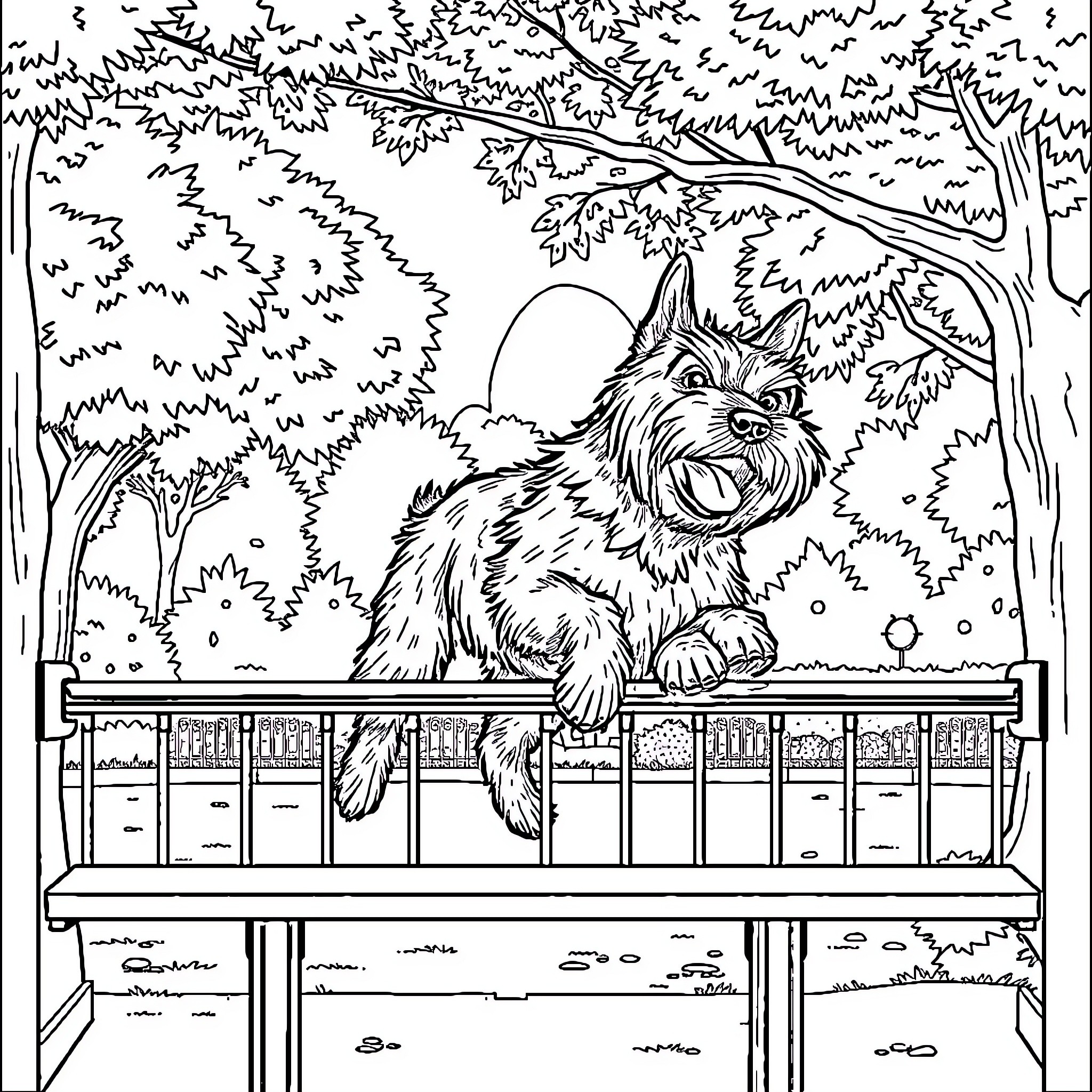 Bouvier Bernois enjoys the outdoors Coloring Page (free black-and-white line drawing printable PDF for all, from beginners to advanced learners, including children, teens, adults, and seniors)