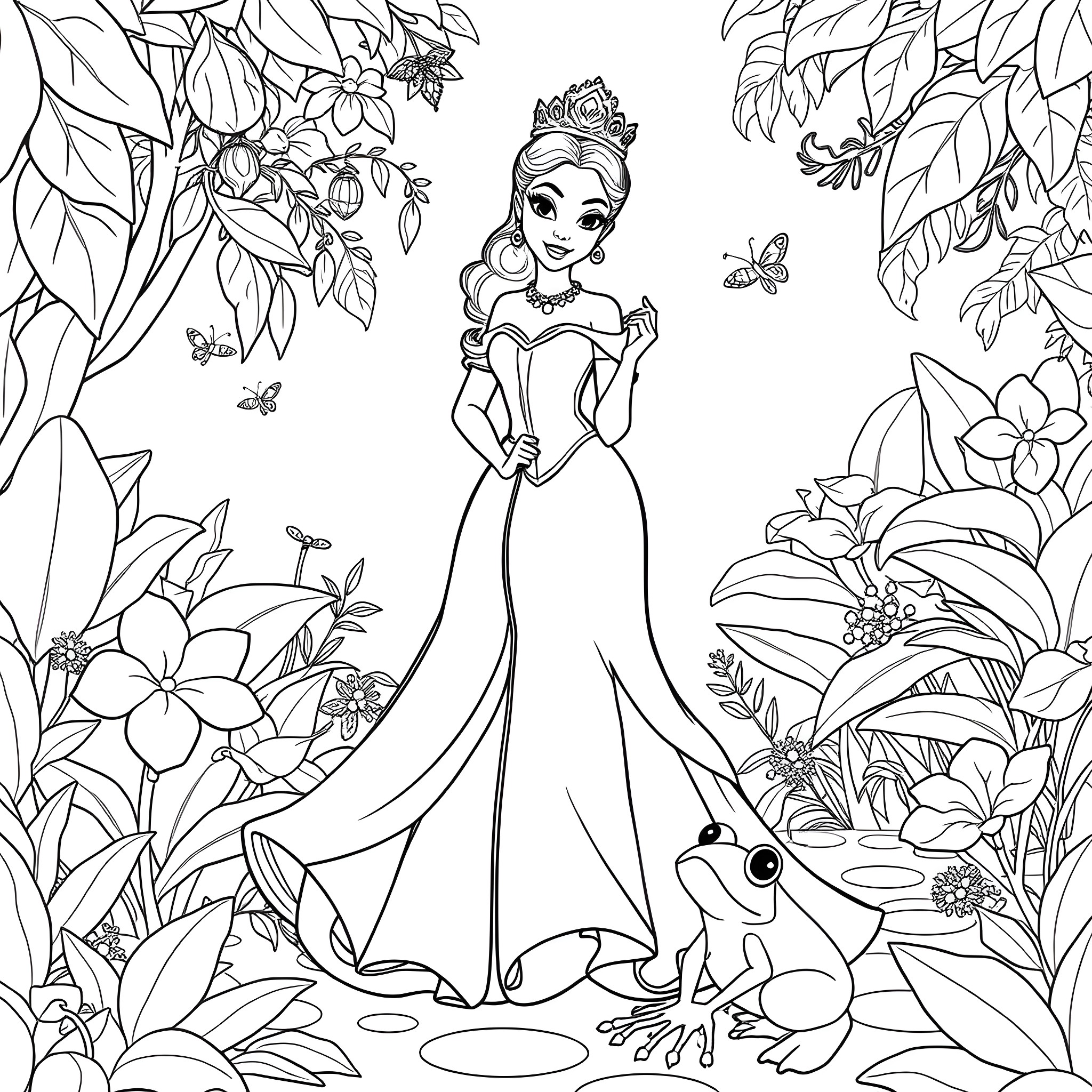 Tiana's Magical Garden Adventure Coloring Page (free black-and-white line drawing printable PDF for all, from beginners to advanced learners, including children, teens, adults, and seniors)