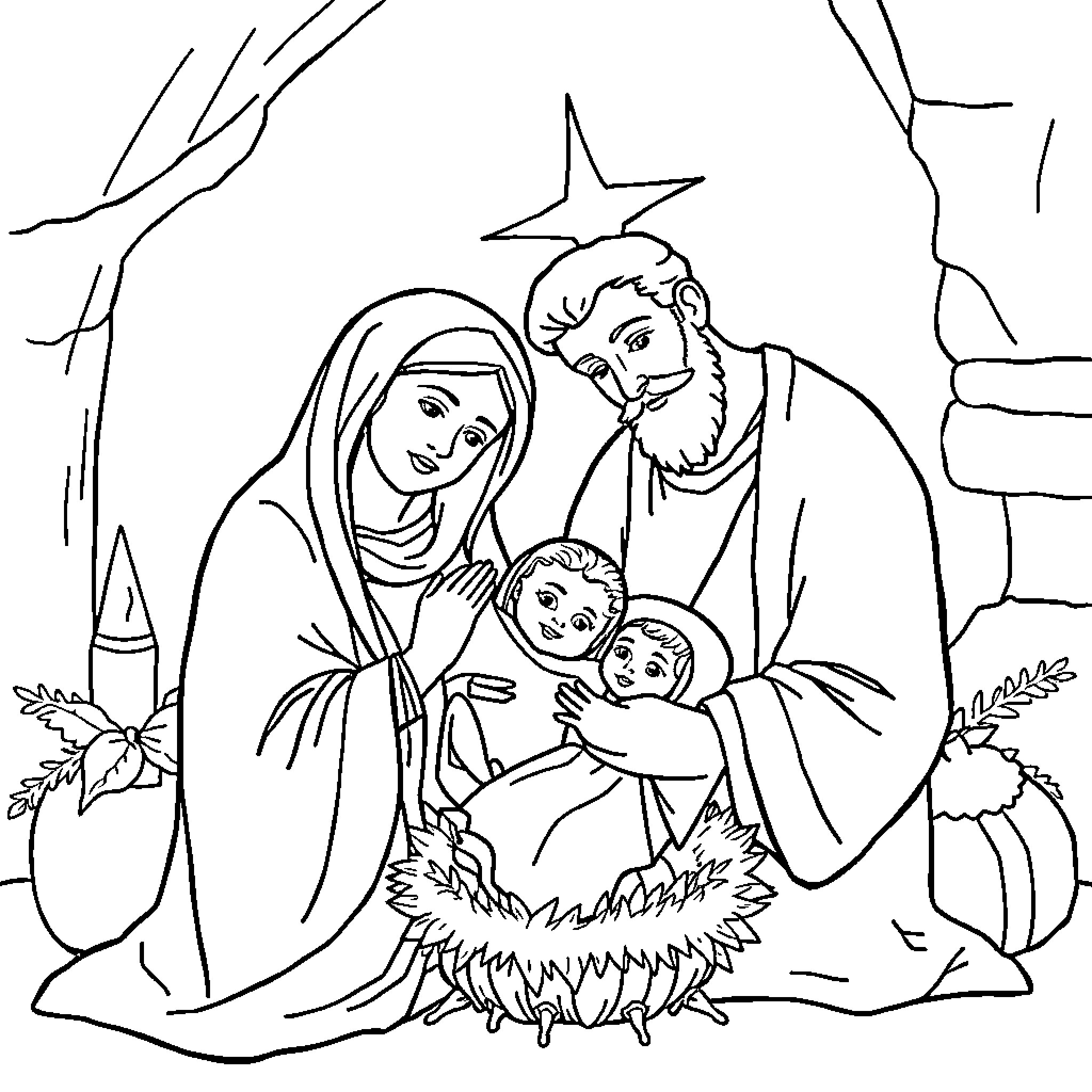 Mary and the holy family in the manger Coloring Page (free black-and-white line drawing printable PDF for all, from beginners to advanced learners, including children, teens, adults, and seniors)