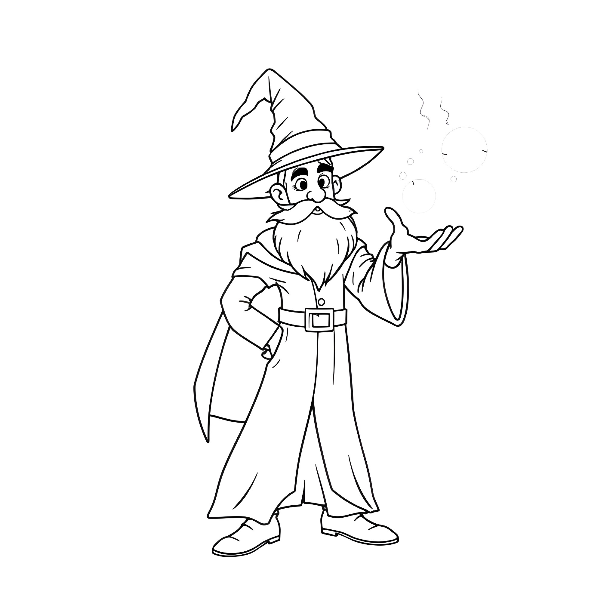 Wizard in a Long Coat Casting Spells Coloring Page (free black-and-white line drawing printable PDF for all, from beginners to advanced learners, including children, teens, adults, and seniors)
