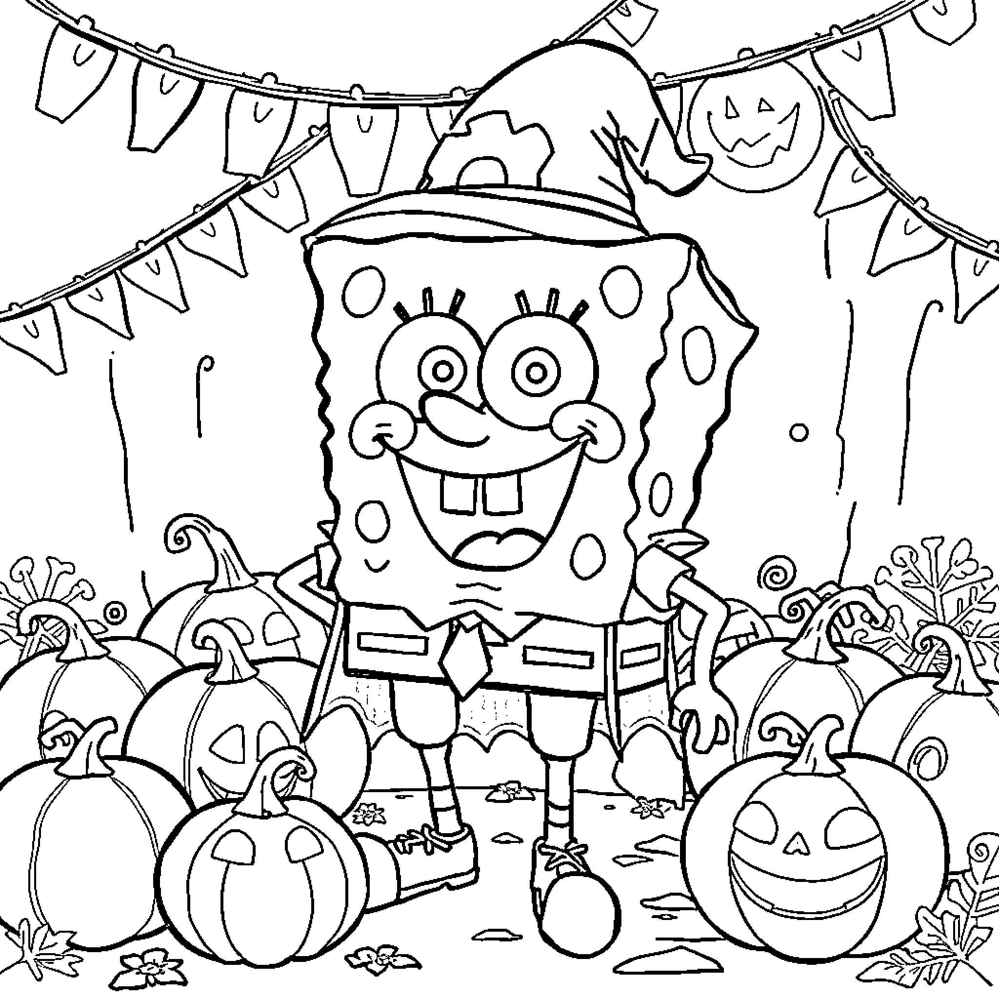 Spongebob celebrates Halloween with pumpkins and decorations Coloring Page (free black-and-white line drawing printable PDF for all, from beginners to advanced learners, including children, teens, adults, and seniors)