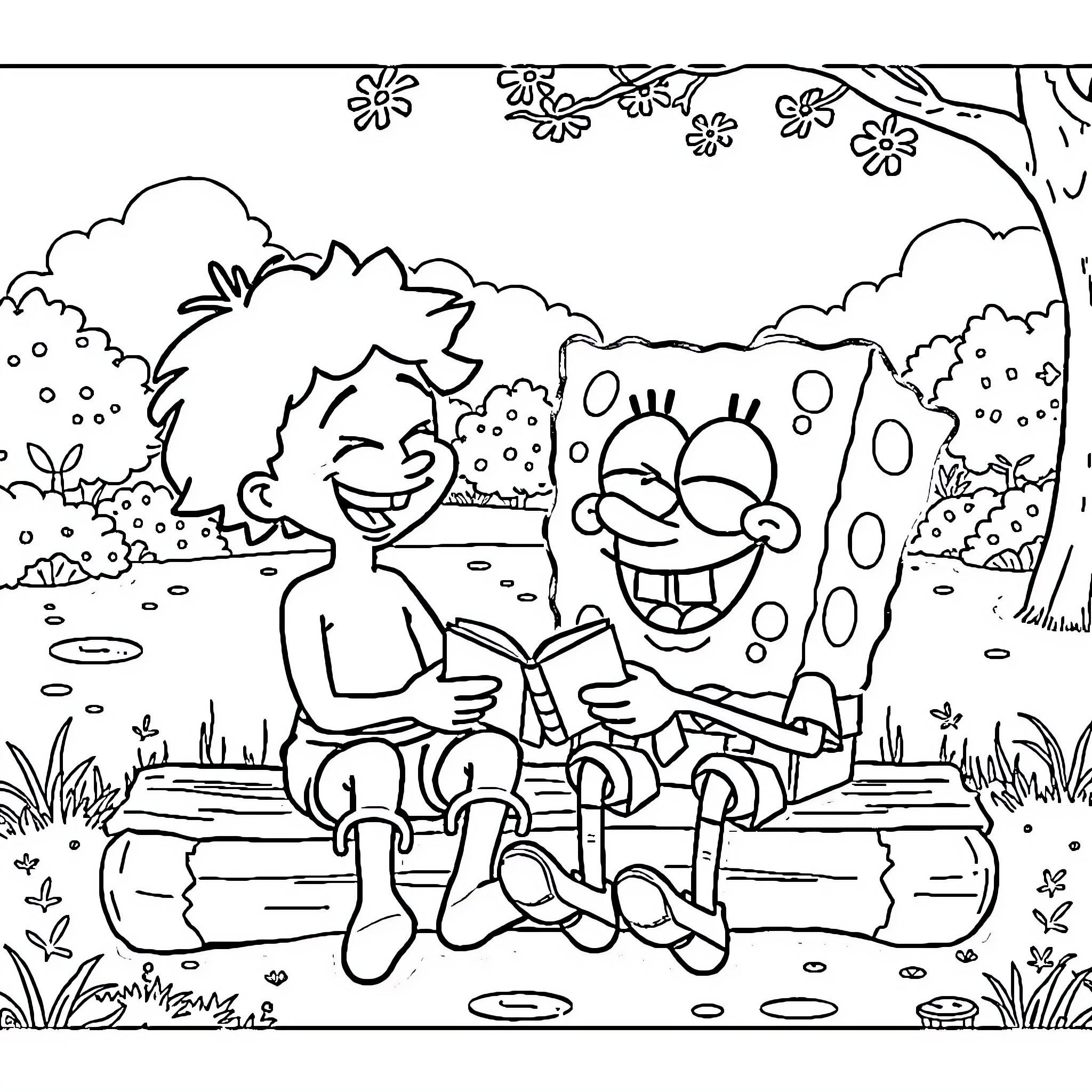 Bluey playing joyfully with friends in the park Coloring Page (free black-and-white line drawing printable PDF for all, from beginners to advanced learners, including children, teens, adults, and seniors)