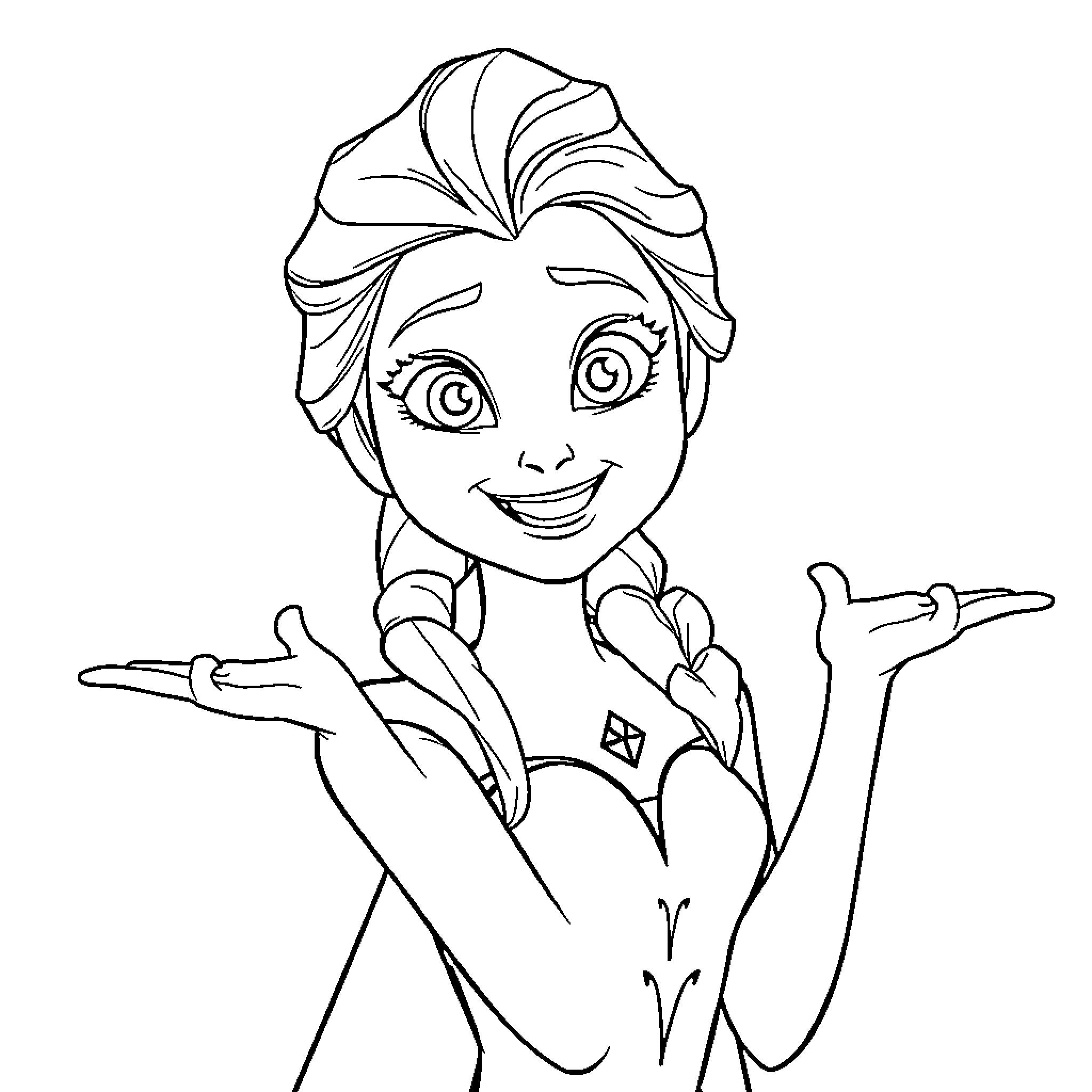 Elsa delightfully presenting herself Coloring Page (free black-and-white line drawing printable PDF for all, from beginners to advanced learners, including children, teens, adults, and seniors)