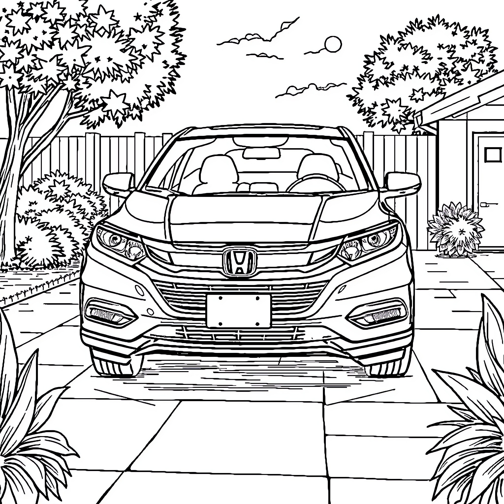 Honda HR-V in a scenic backyard setting Coloring Page (free black-and-white line drawing printable PDF for all, from beginners to advanced learners, including children, teens, adults, and seniors)