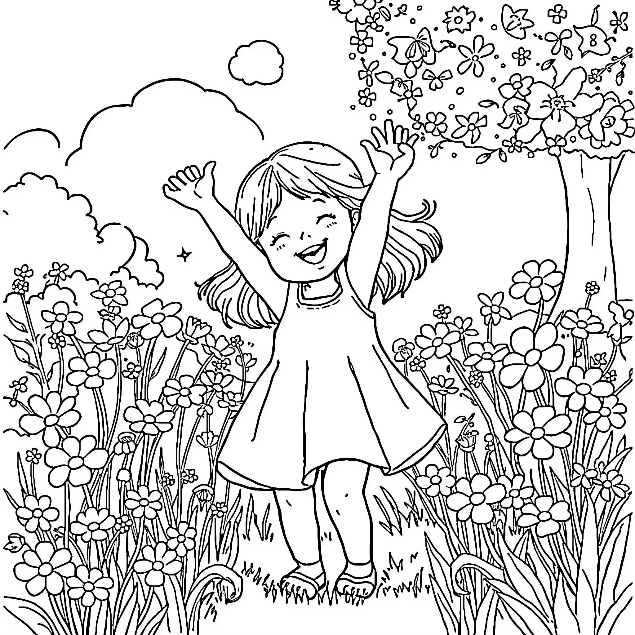 Girl joyfully playing in a flower-filled meadow Coloring Page (free black-and-white line drawing printable PDF for all, from beginners to advanced learners, including children, teens, adults, and seniors)
