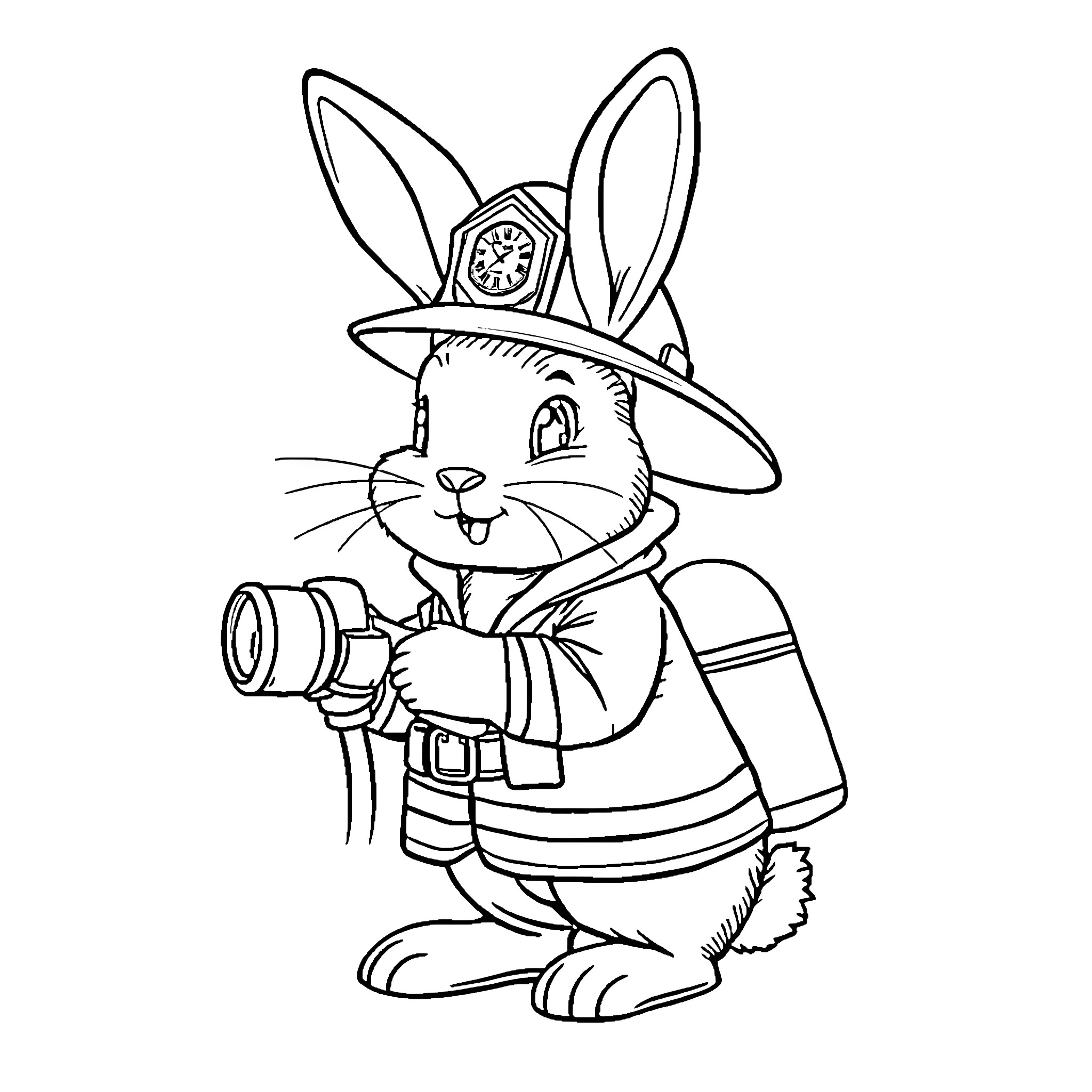 Rabbit firefighter with helmet and equipment Coloring Page (free black-and-white line drawing printable PDF for all, from beginners to advanced learners, including children, teens, adults, and seniors)