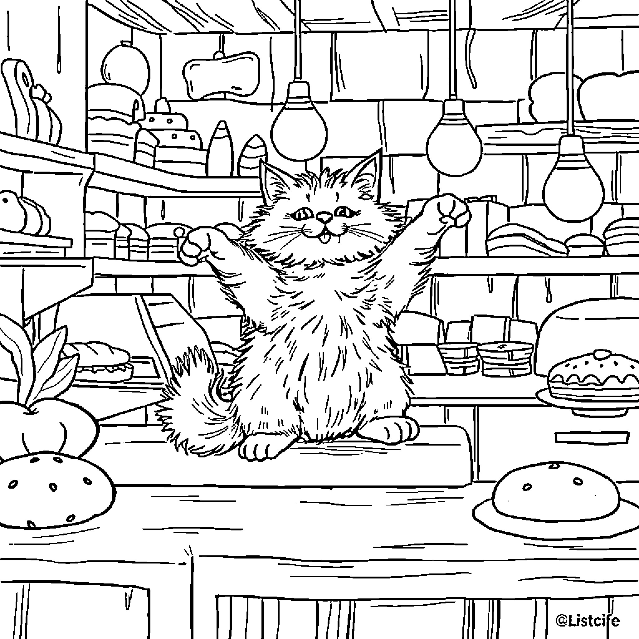 Cat exploring a cozy kitchen Coloring Page (free black-and-white line drawing printable PDF for all, from beginners to advanced learners, including children, teens, adults, and seniors)