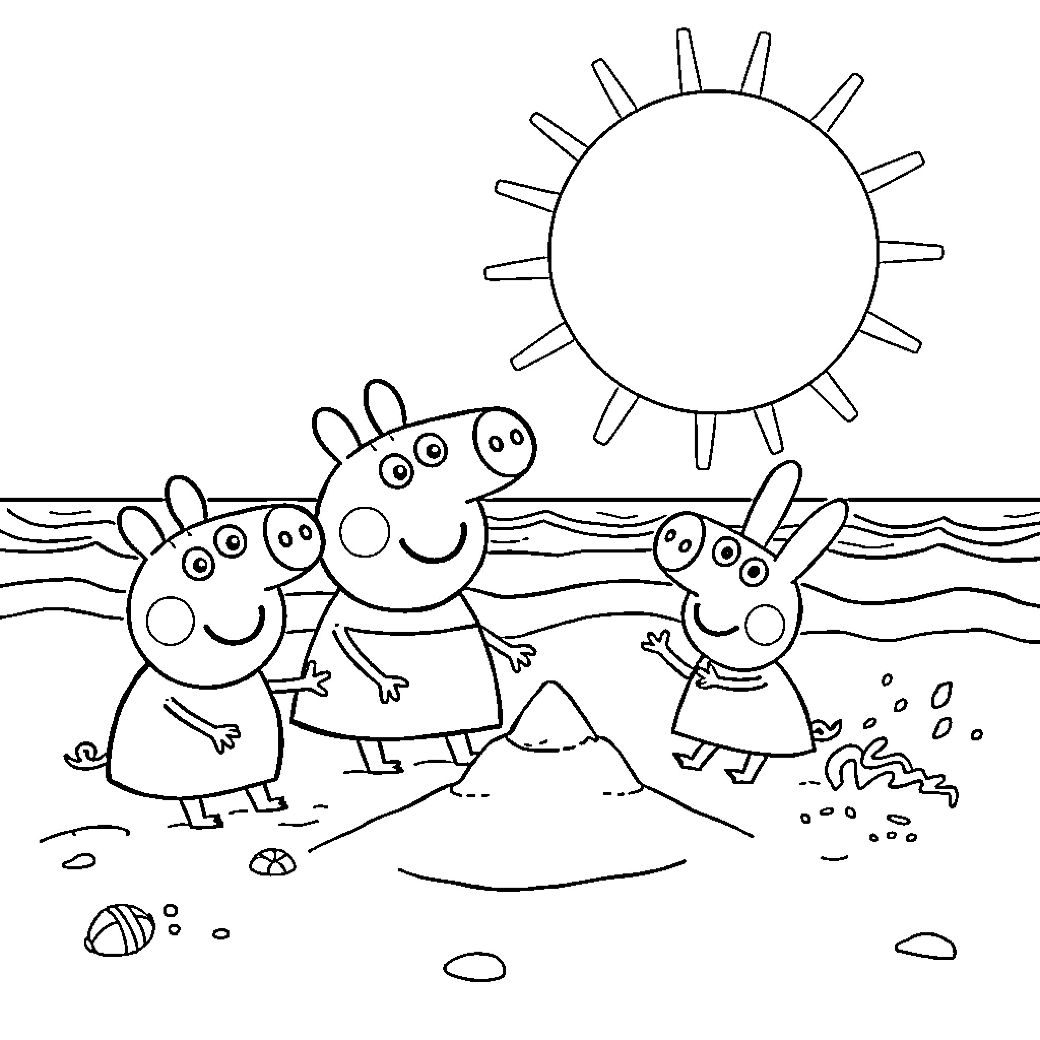 Peppa Pig characters playing on the beach Coloring Page (free black-and-white line drawing printable PDF for all, from beginners to advanced learners, including children, teens, adults, and seniors)