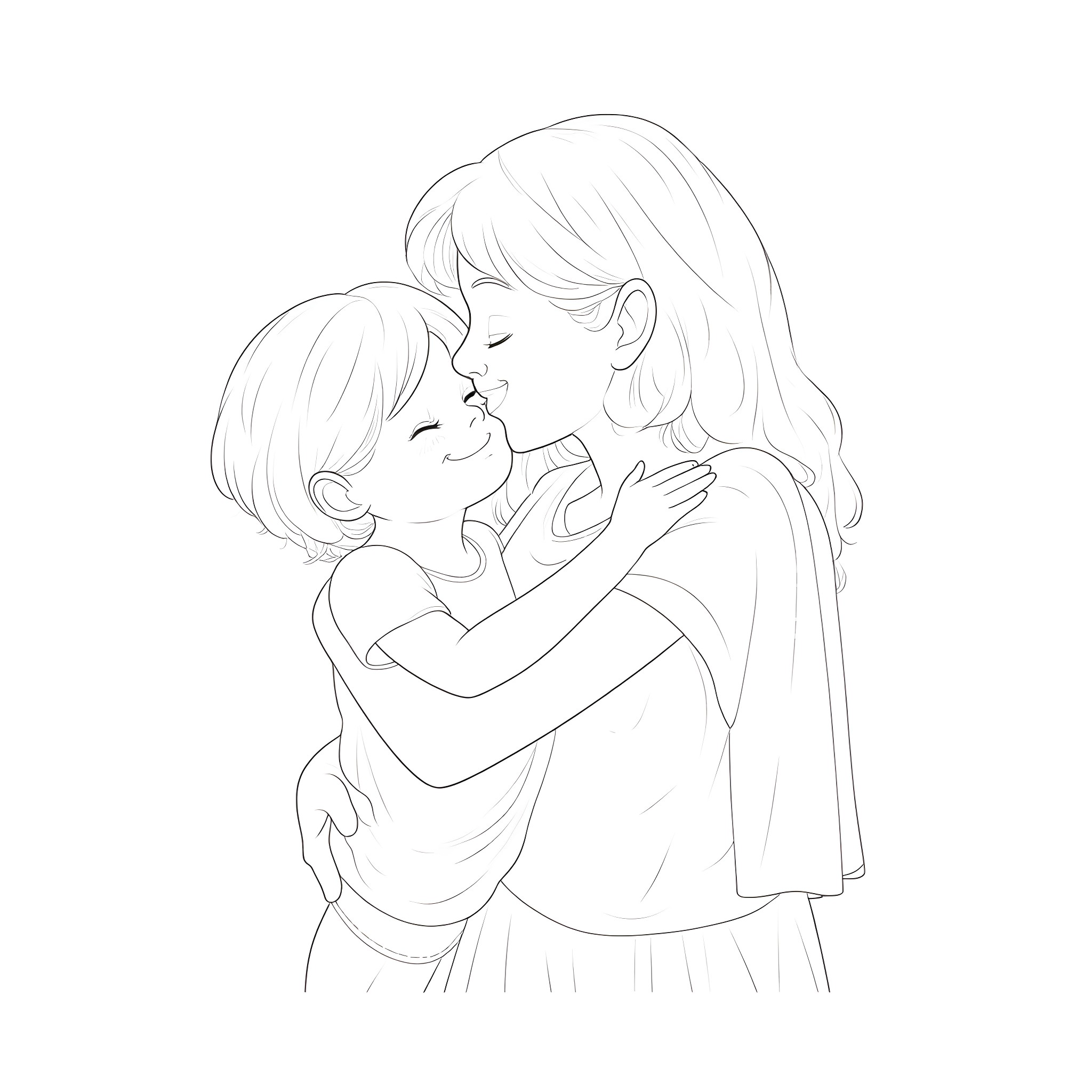 Mum comforting her child Coloring Page (free black-and-white line drawing printable PDF for all, from beginners to advanced learners, including children, teens, adults, and seniors)