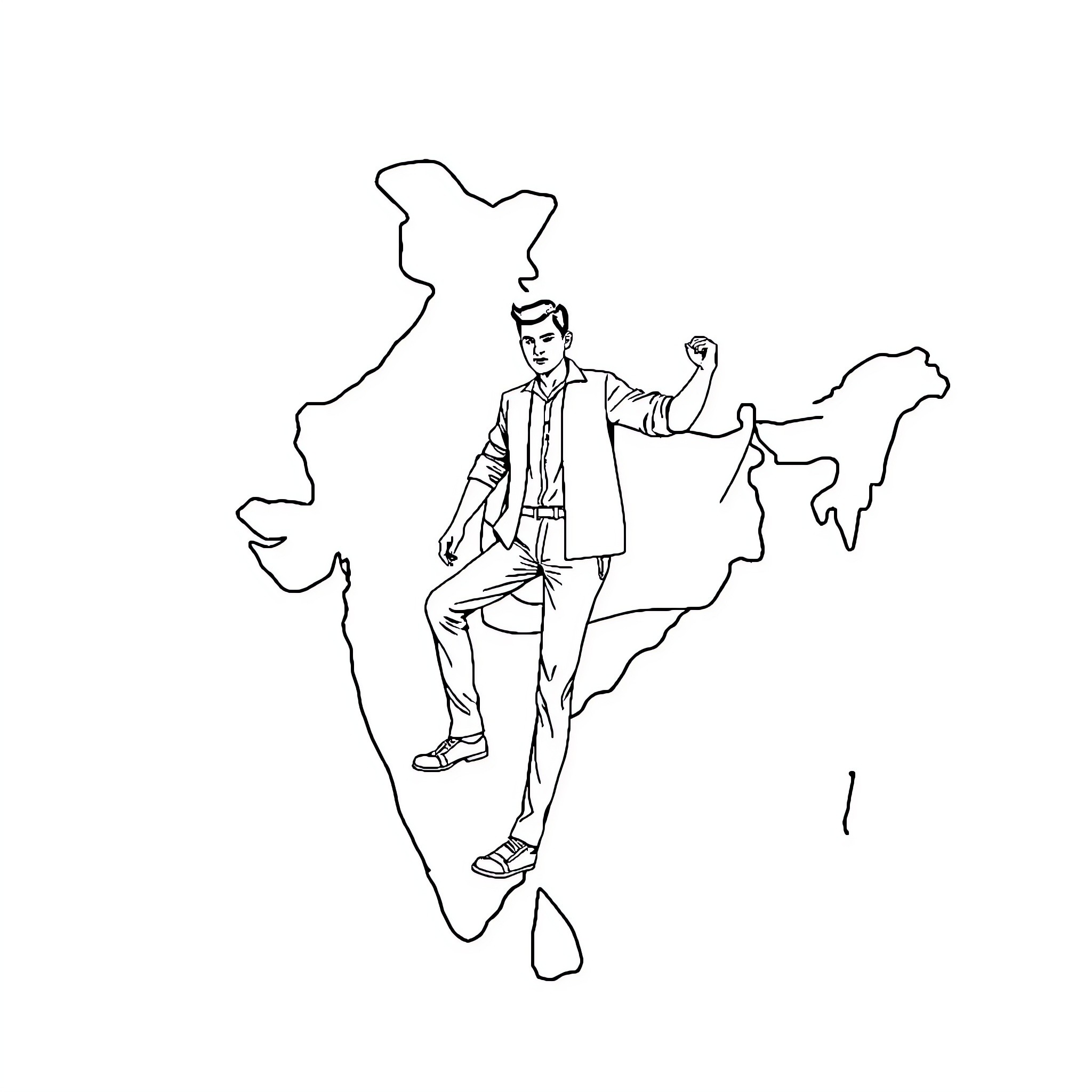 Man standing proudly on the map of India Coloring Page (free black-and-white line drawing printable PDF for all, from beginners to advanced learners, including children, teens, adults, and seniors)