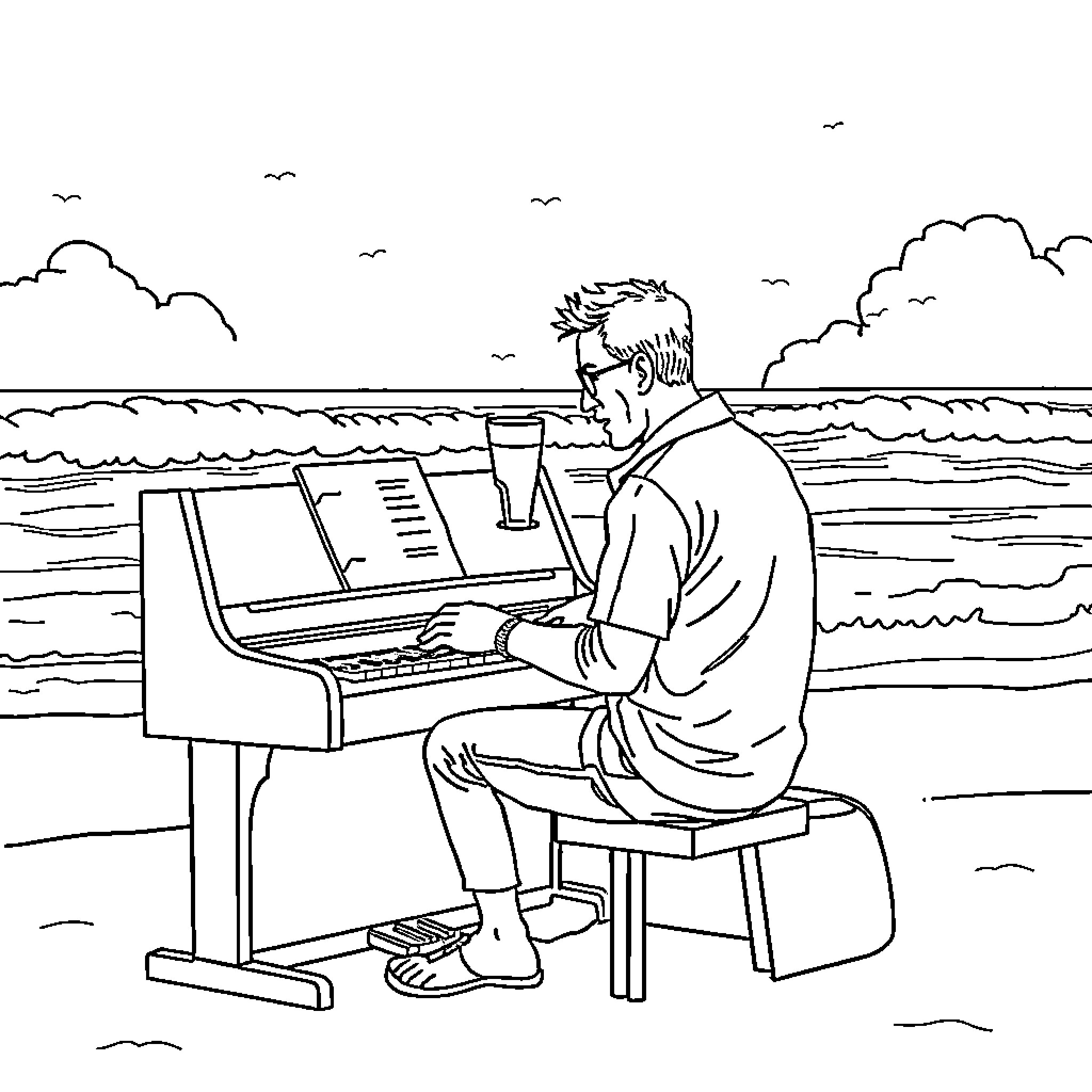 Hombre playing piano by the beach Coloring Page (free black-and-white line drawing printable PDF for all, from beginners to advanced learners, including children, teens, adults, and seniors)
