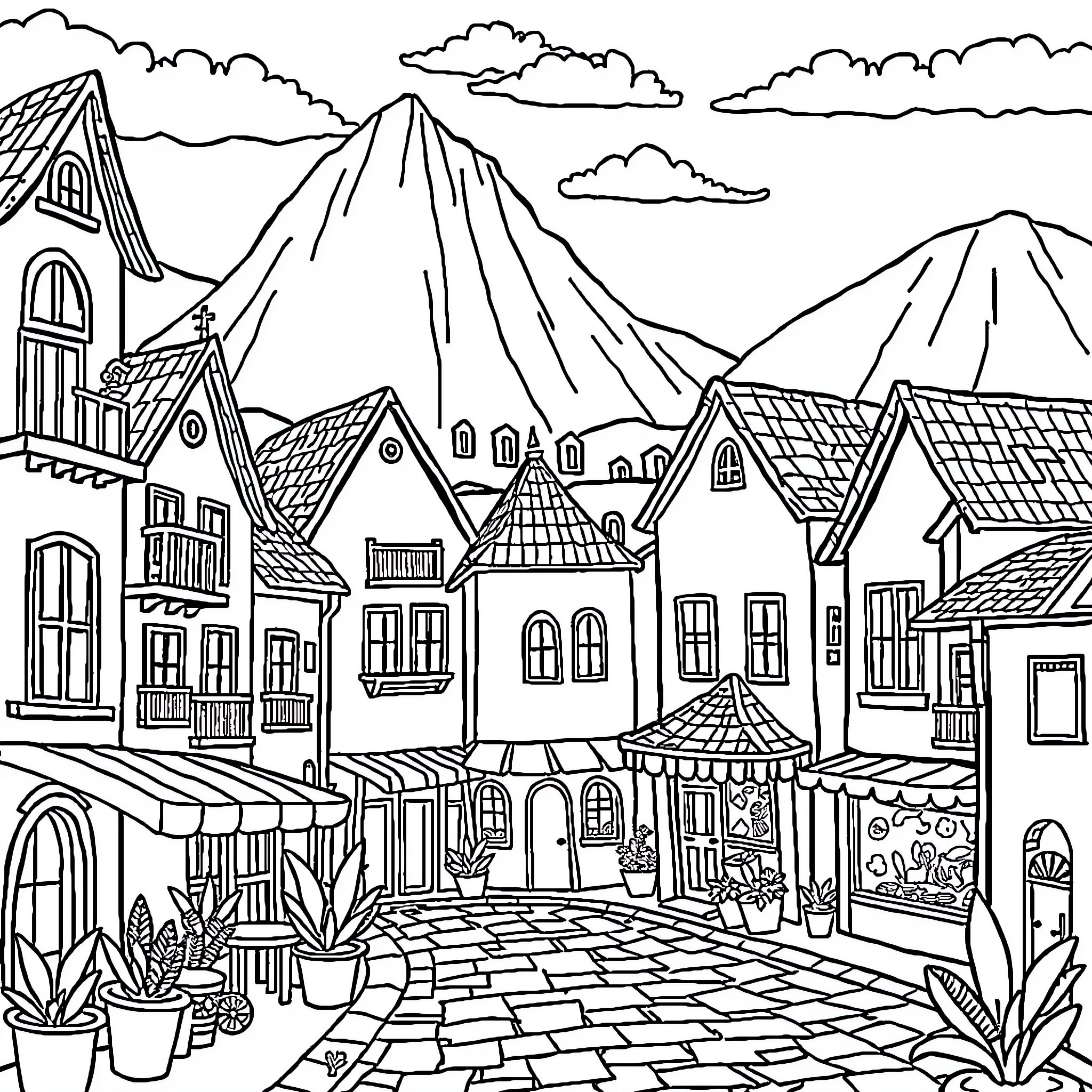 Acota Charming Mountain Town with Architectural Wonders Coloring Page (free black-and-white line drawing printable PDF for all, from beginners to advanced learners, including children, teens, adults, and seniors)