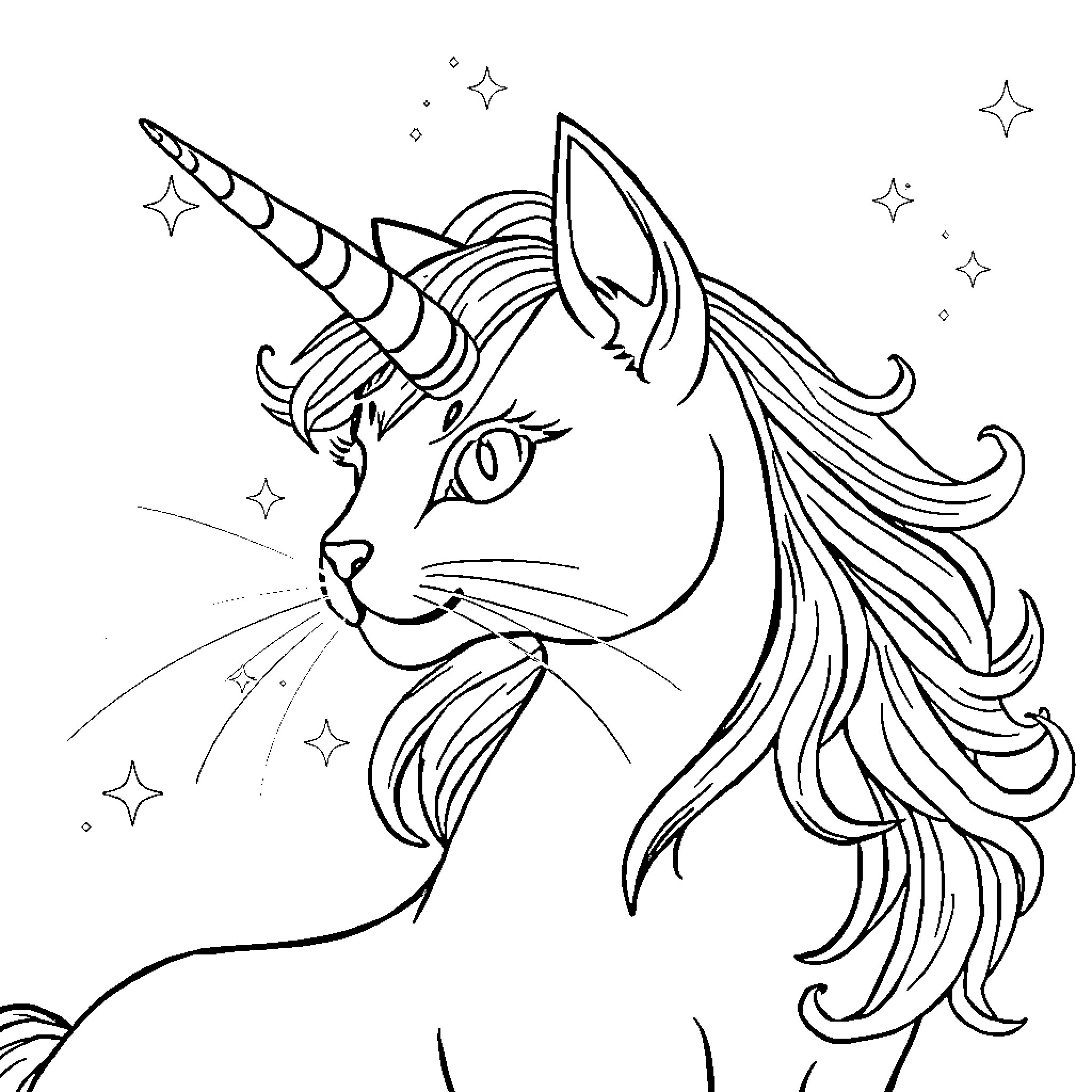 Cat Unicorn gazing at the starry sky Coloring Page (free black-and-white line drawing printable PDF for all, from beginners to advanced learners, including children, teens, adults, and seniors)