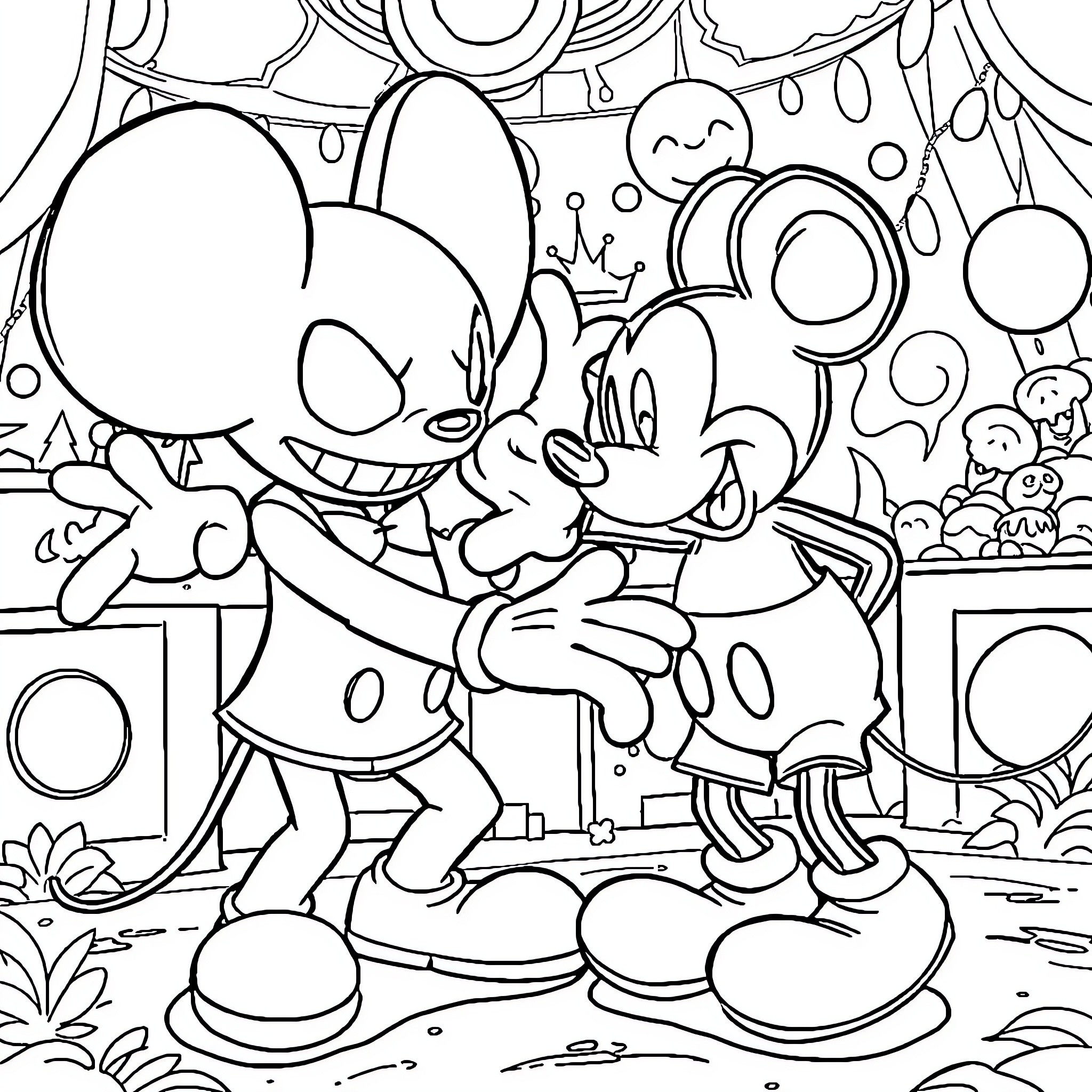 Deadmau5 and Mickey Mouse in a Whimsical Illustration Coloring Page (free black-and-white line drawing printable PDF for all, from beginners to advanced learners, including children, teens, adults, and seniors)