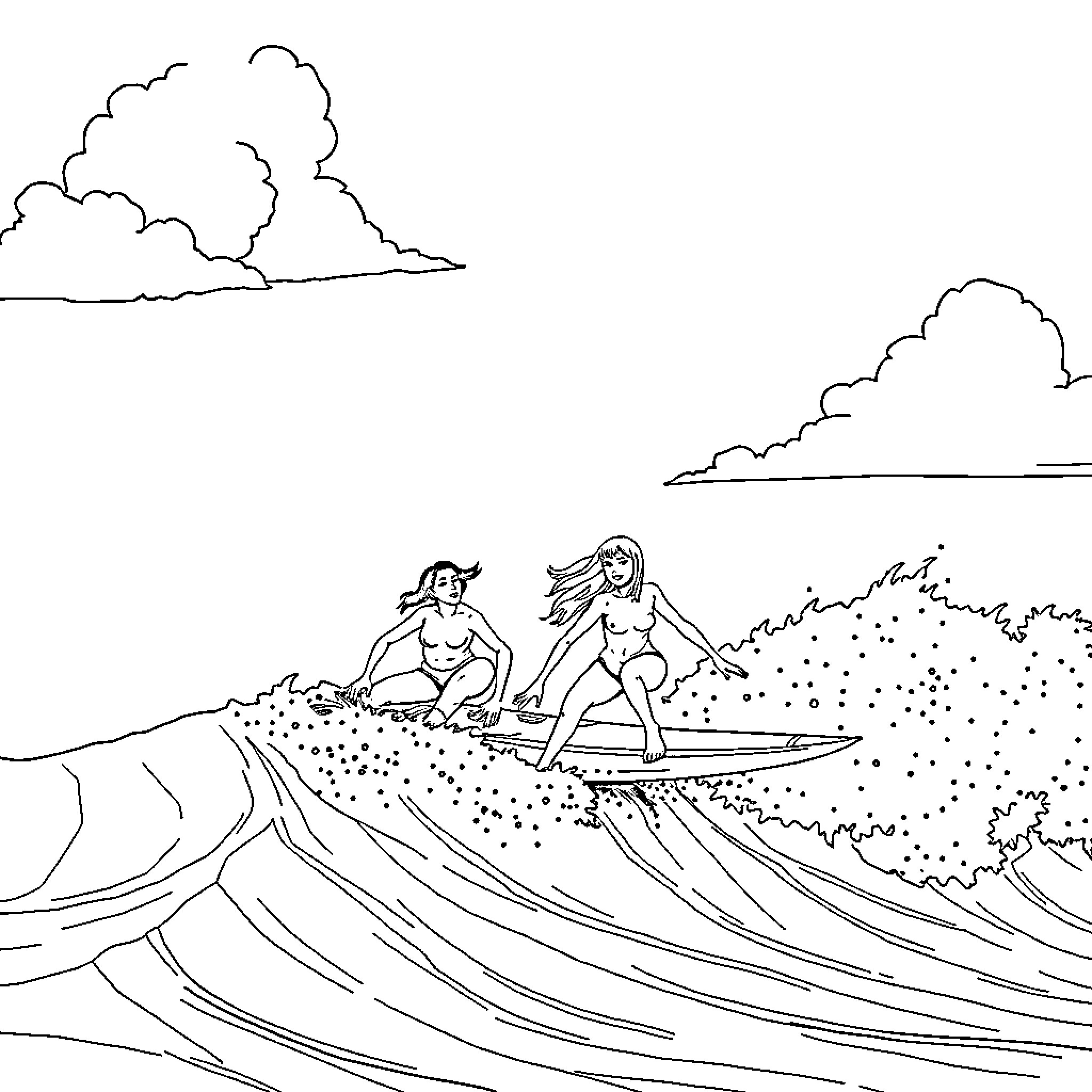 Mira's Surf Adventure Coloring Page (free black-and-white line drawing printable PDF for all, from beginners to advanced learners, including children, teens, adults, and seniors)