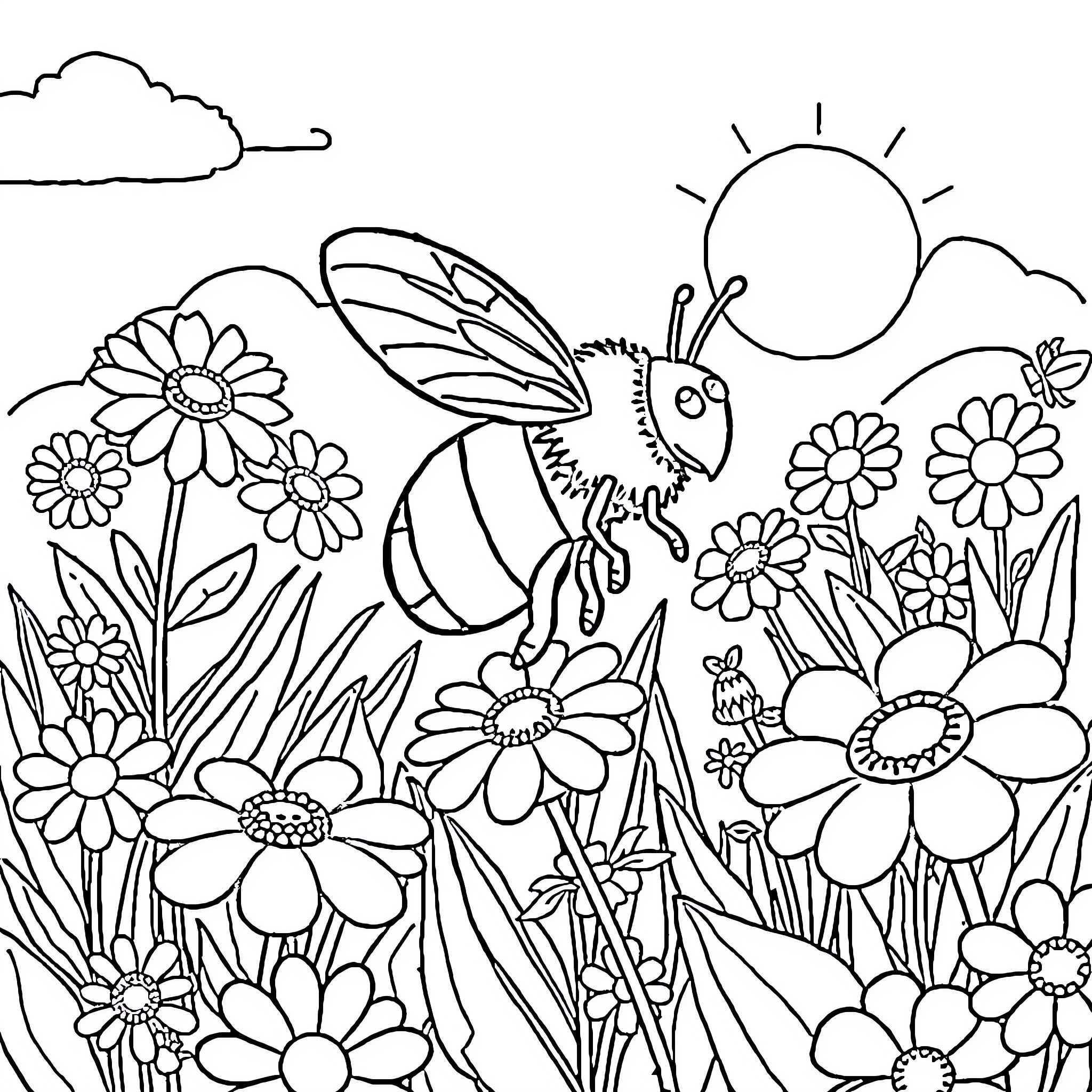 Bee hovering among vibrant flowers in the sun Coloring Page (free black-and-white line drawing printable PDF for all, from beginners to advanced learners, including children, teens, adults, and seniors)