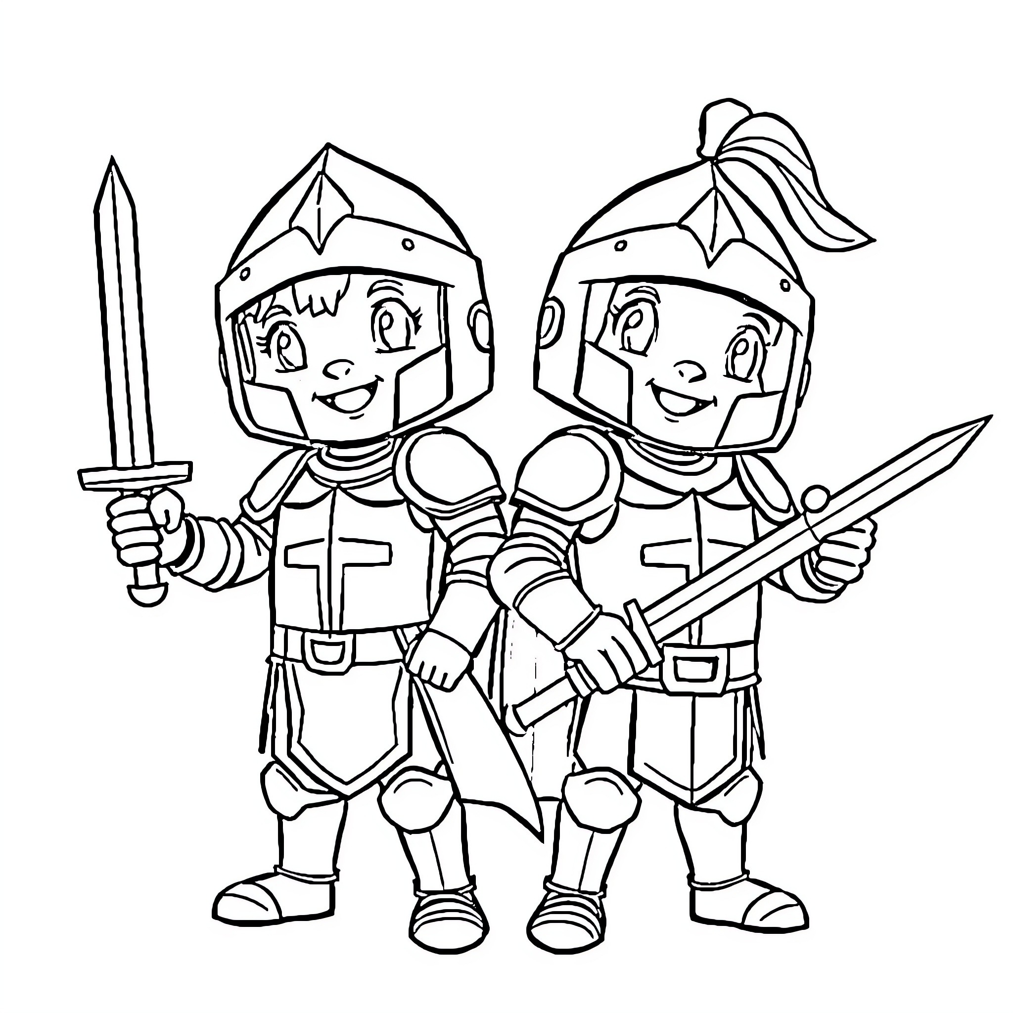 Knight characters with swords and armor Coloring Page (free black-and-white line drawing printable PDF for all, from beginners to advanced learners, including children, teens, adults, and seniors)