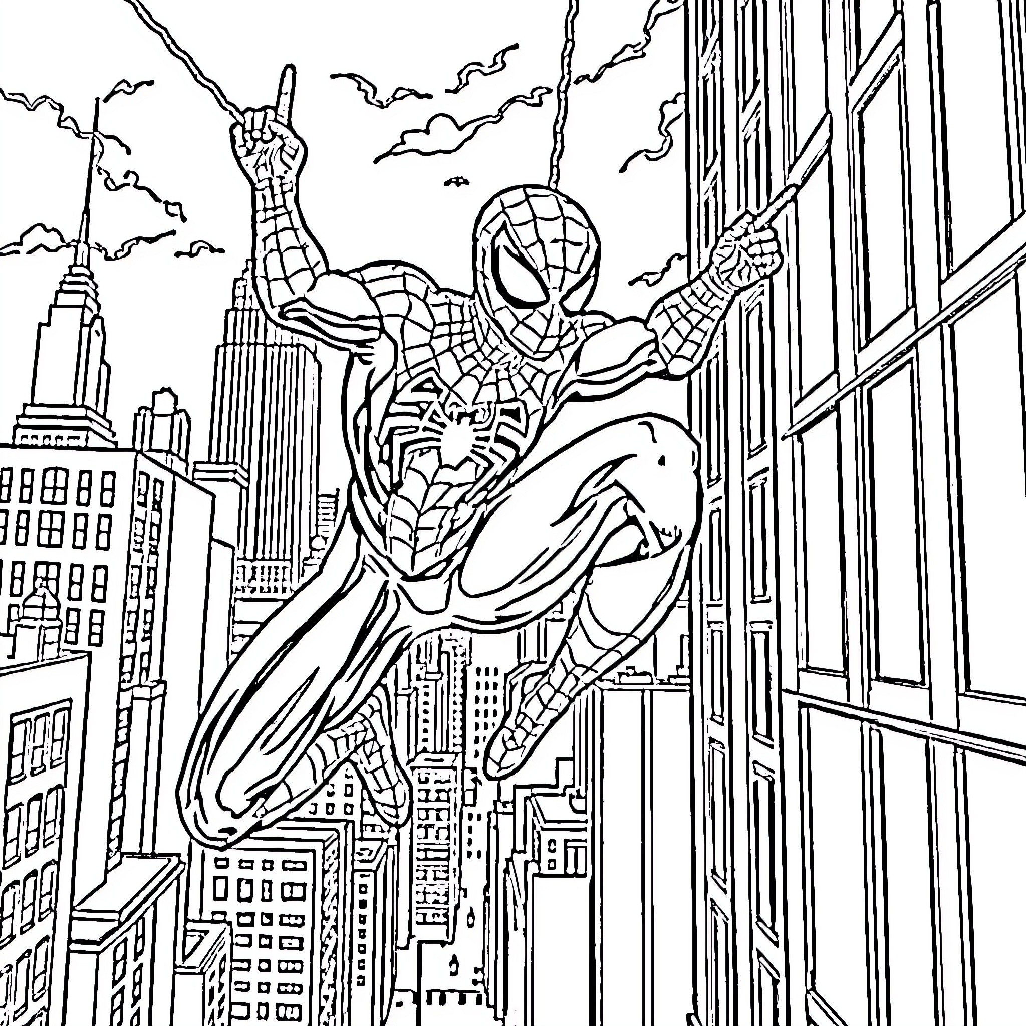 Spiderman swinging through the city skyline Coloring Page (free black-and-white line drawing printable PDF for all, from beginners to advanced learners, including children, teens, adults, and seniors)