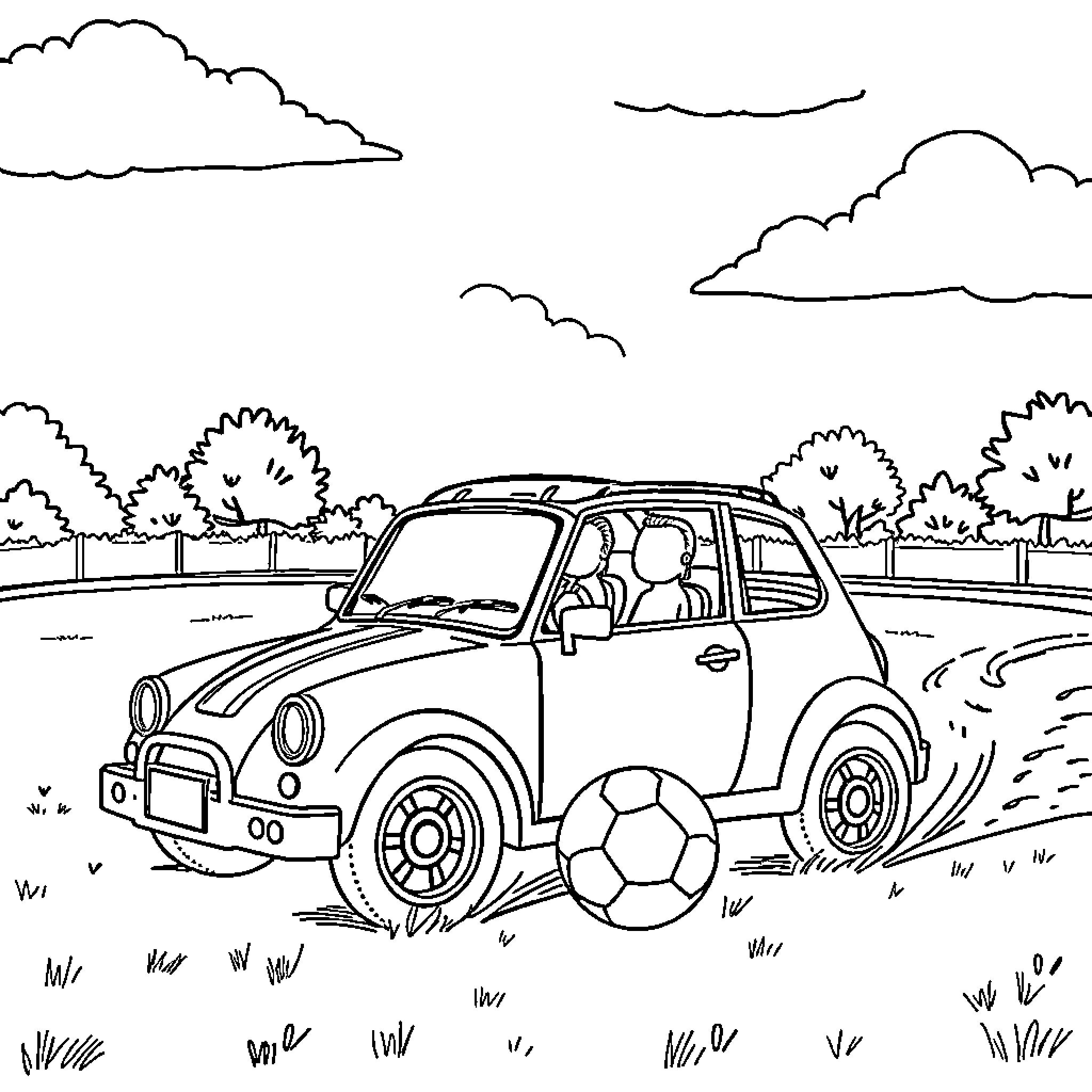 Car playing with soccer ball on the road Coloring Page (free black-and-white line drawing printable PDF for all, from beginners to advanced learners, including children, teens, adults, and seniors)