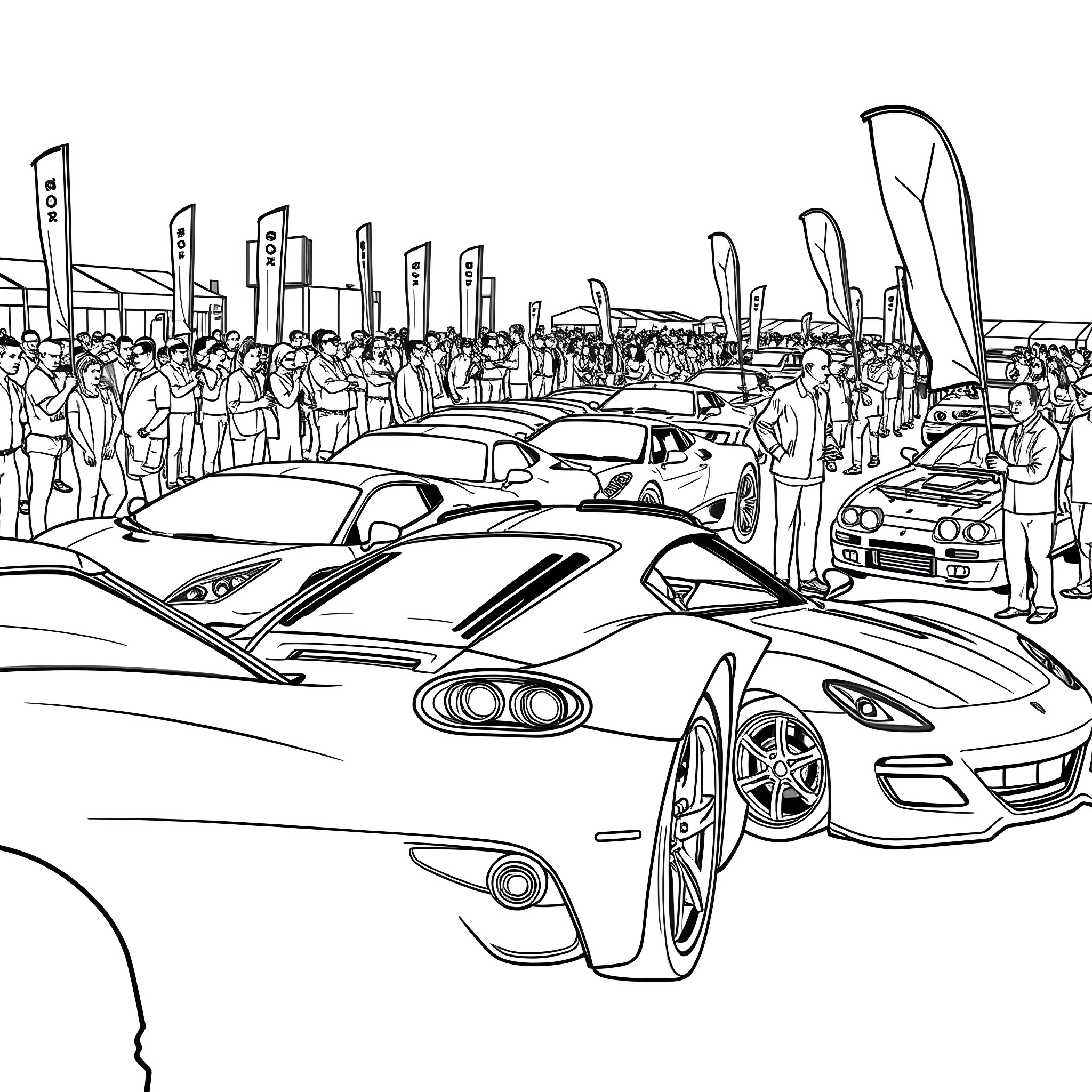 Car enthusiasts gathered at auto show Coloring Page (free black-and-white line drawing printable PDF for all, from beginners to advanced learners, including children, teens, adults, and seniors)
