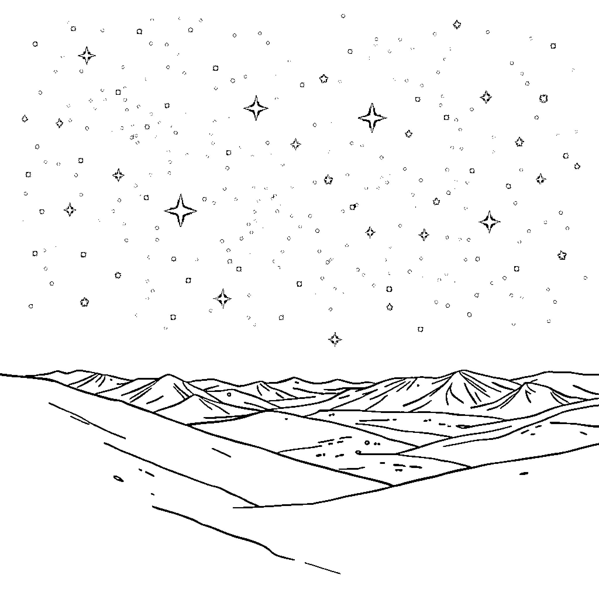 Star Filled Night Sky Over Mountainous Landscape Coloring Page (free black-and-white line drawing printable PDF for all, from beginners to advanced learners, including children, teens, adults, and seniors)