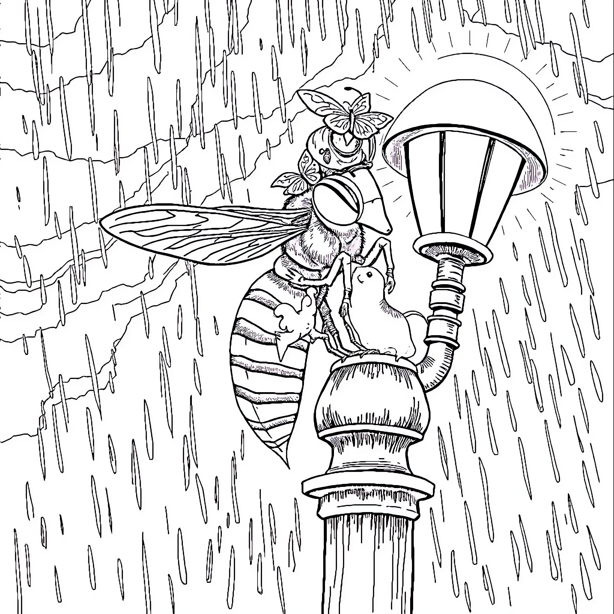 Wasp sheltering from the rain under a lamp post Coloring Page (free black-and-white line drawing printable PDF for all, from beginners to advanced learners, including children, teens, adults, and seniors)