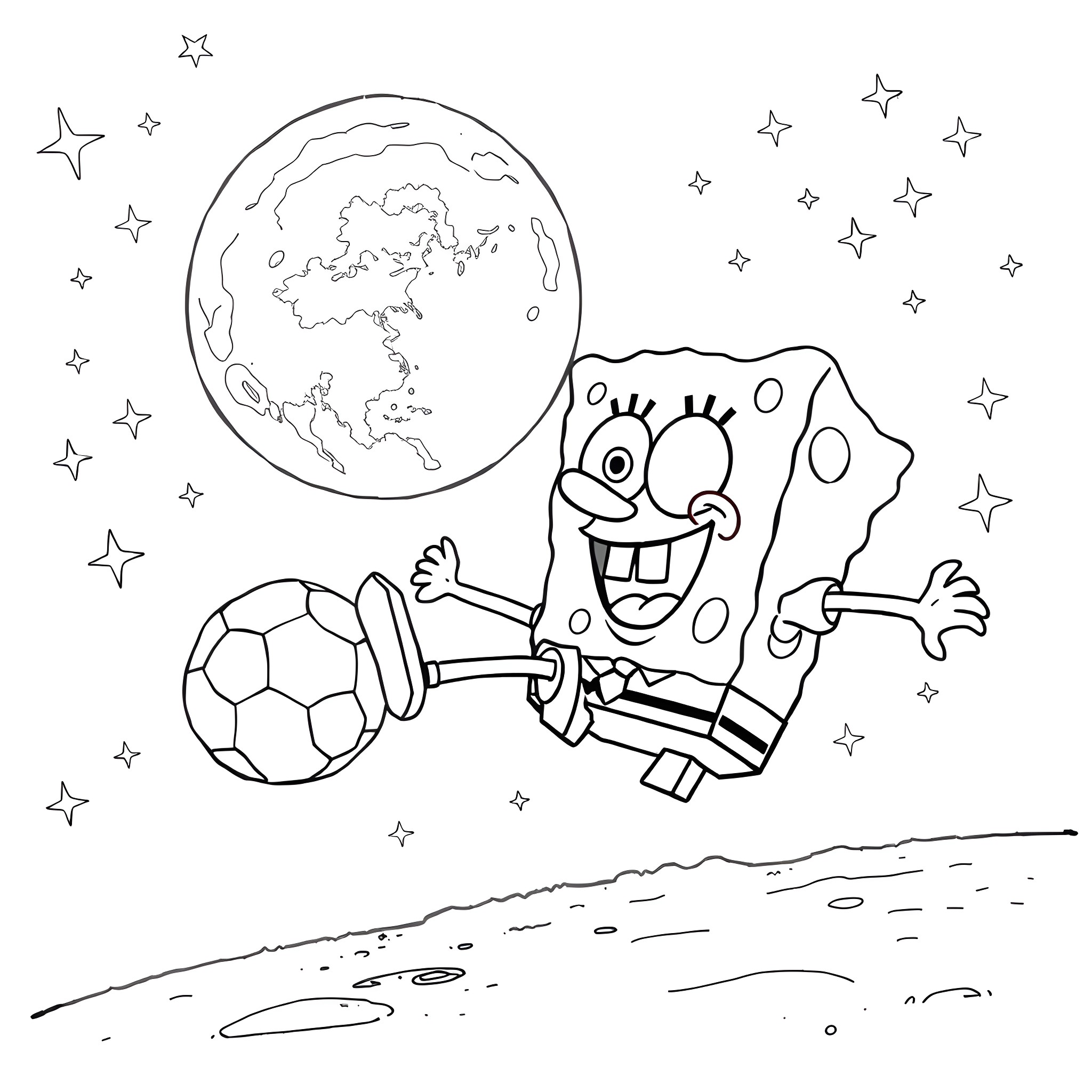 Spongebob playing soccer under the stars Coloring Page (free black-and-white line drawing printable PDF for all, from beginners to advanced learners, including children, teens, adults, and seniors)