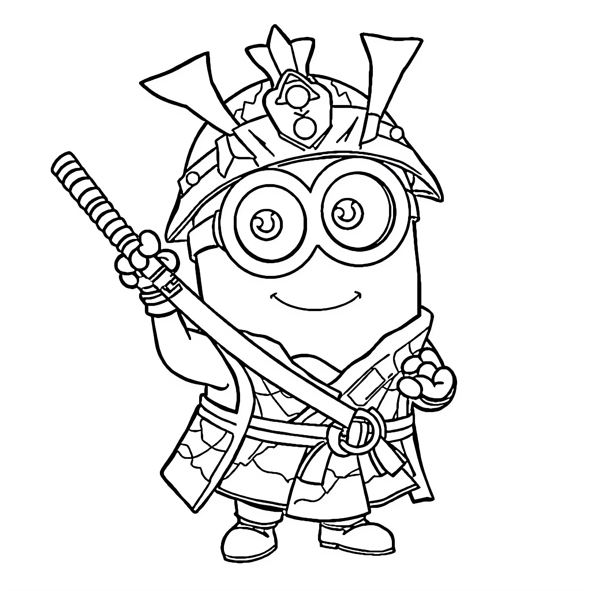 Minion dressed as a samurai warrior Coloring Page (free black-and-white line drawing printable PDF for all, from beginners to advanced learners, including children, teens, adults, and seniors)
