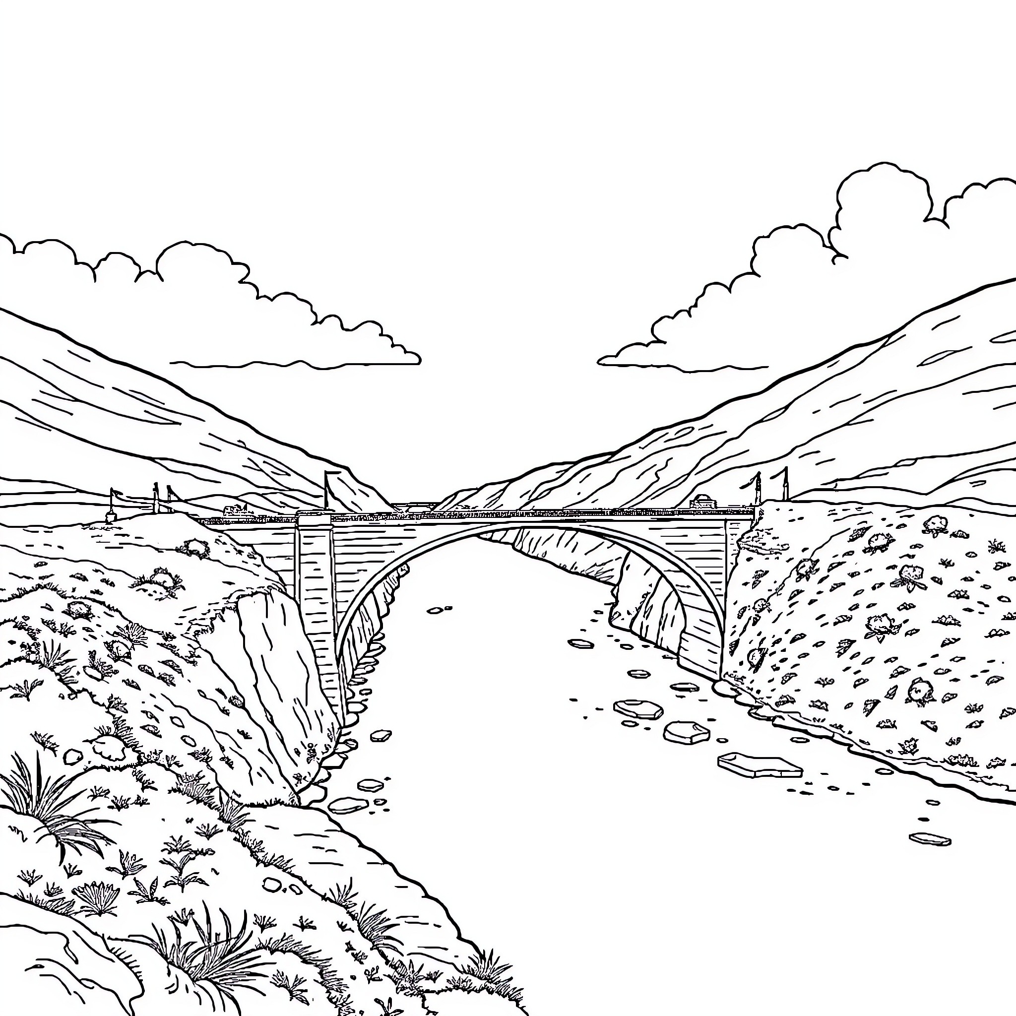 Cleddau Bridge spanning a scenic mountain landscape Coloring Page (free black-and-white line drawing printable PDF for all, from beginners to advanced learners, including children, teens, adults, and seniors)