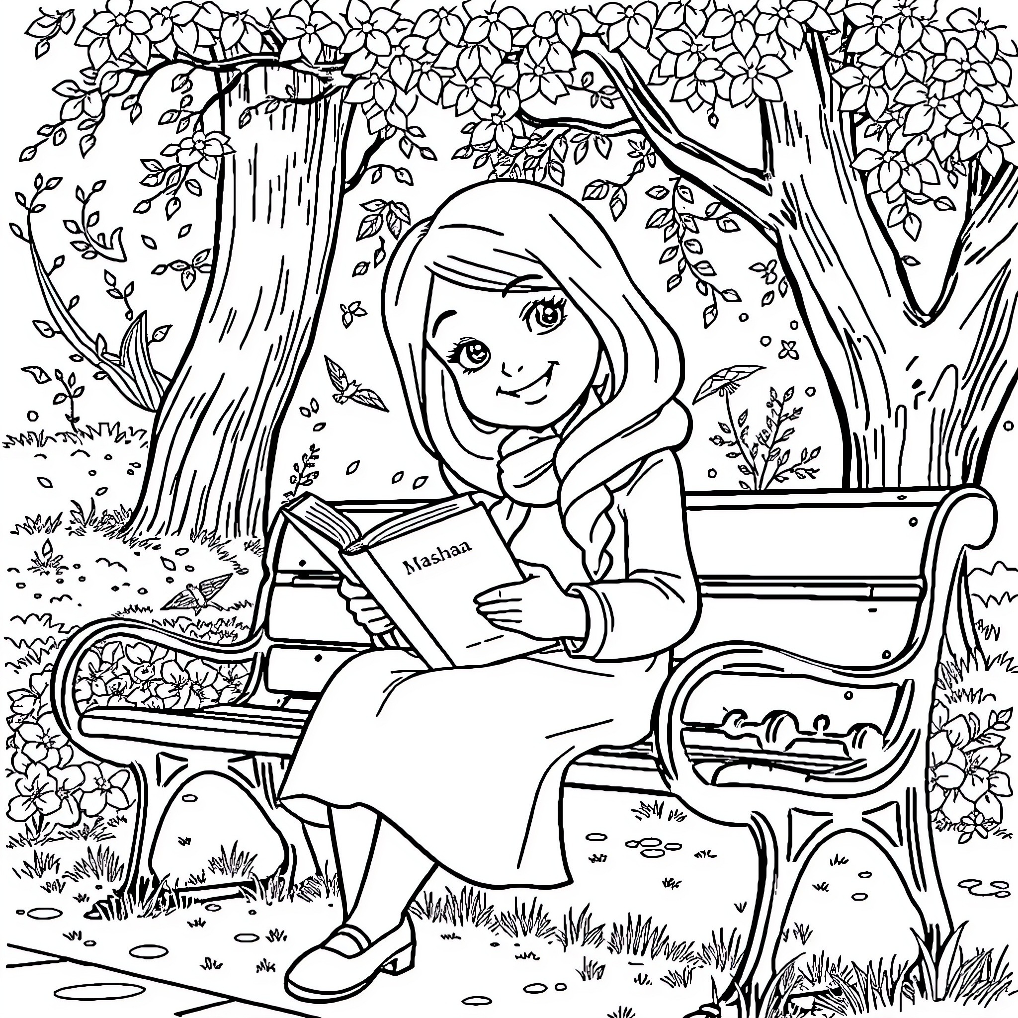Masha reading a book in the forest Coloring Page (free black-and-white line drawing printable PDF for all, from beginners to advanced learners, including children, teens, adults, and seniors)