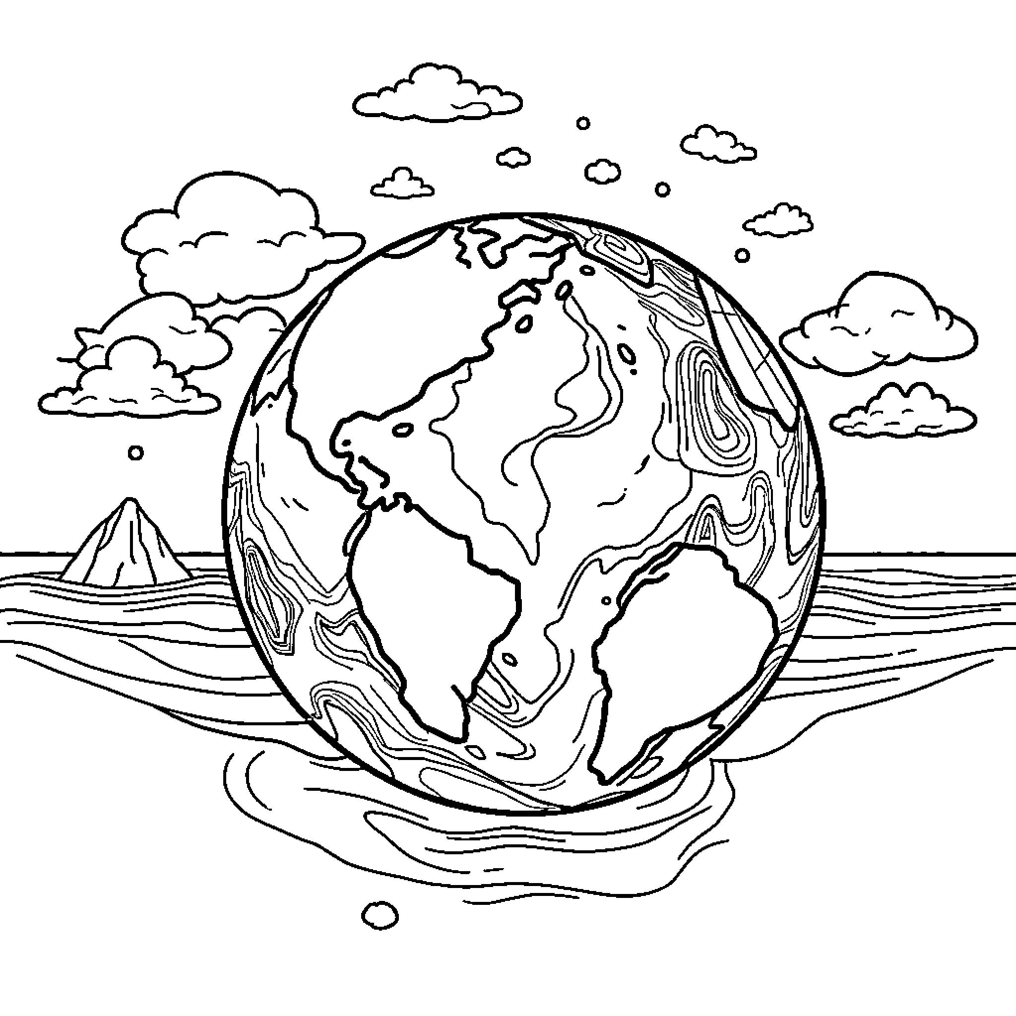 Earth surrounded by clouds and landscapes Coloring Page (free black-and-white line drawing printable PDF for all, from beginners to advanced learners, including children, teens, adults, and seniors)