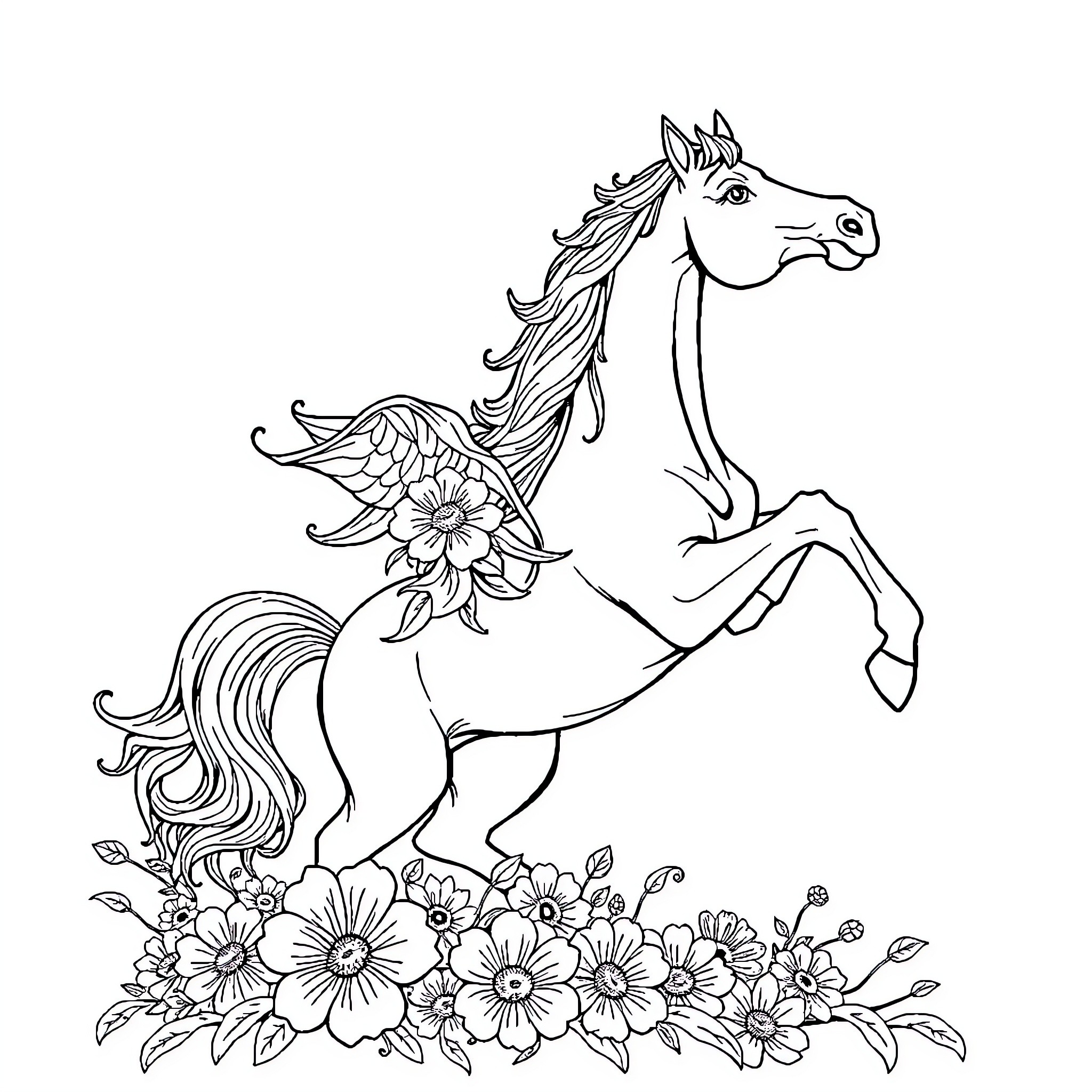 Horse with floral accents prancing through flowers Coloring Page (free black-and-white line drawing printable PDF for all, from beginners to advanced learners, including children, teens, adults, and seniors)